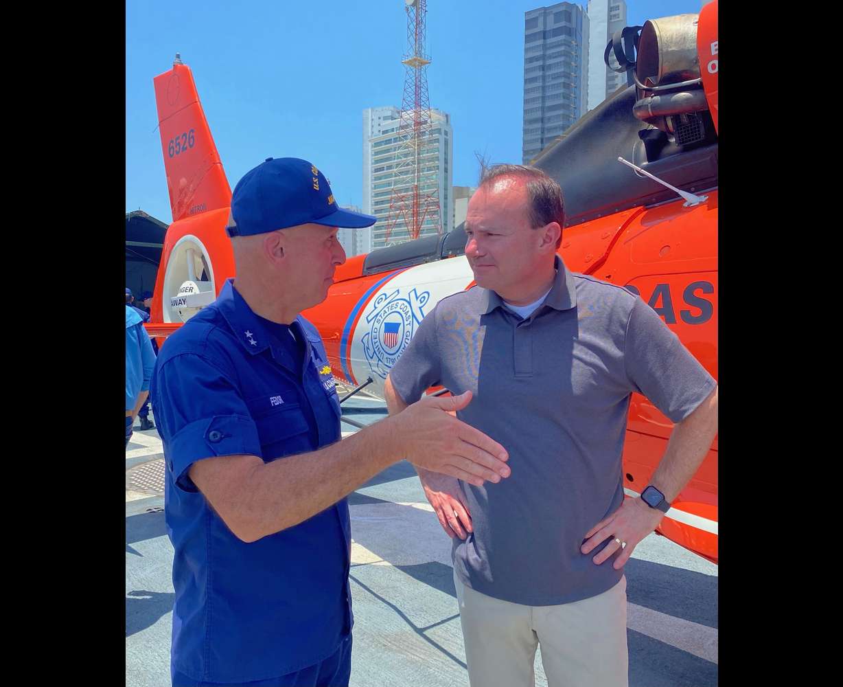 Utah Sen. Mike Lee discusses the challenges of drug smuggling and illegal immigration with Coast Guard Rear Adm. Mark Fedor on board a USCGC Tampa during a recent trip to Central and South America.
