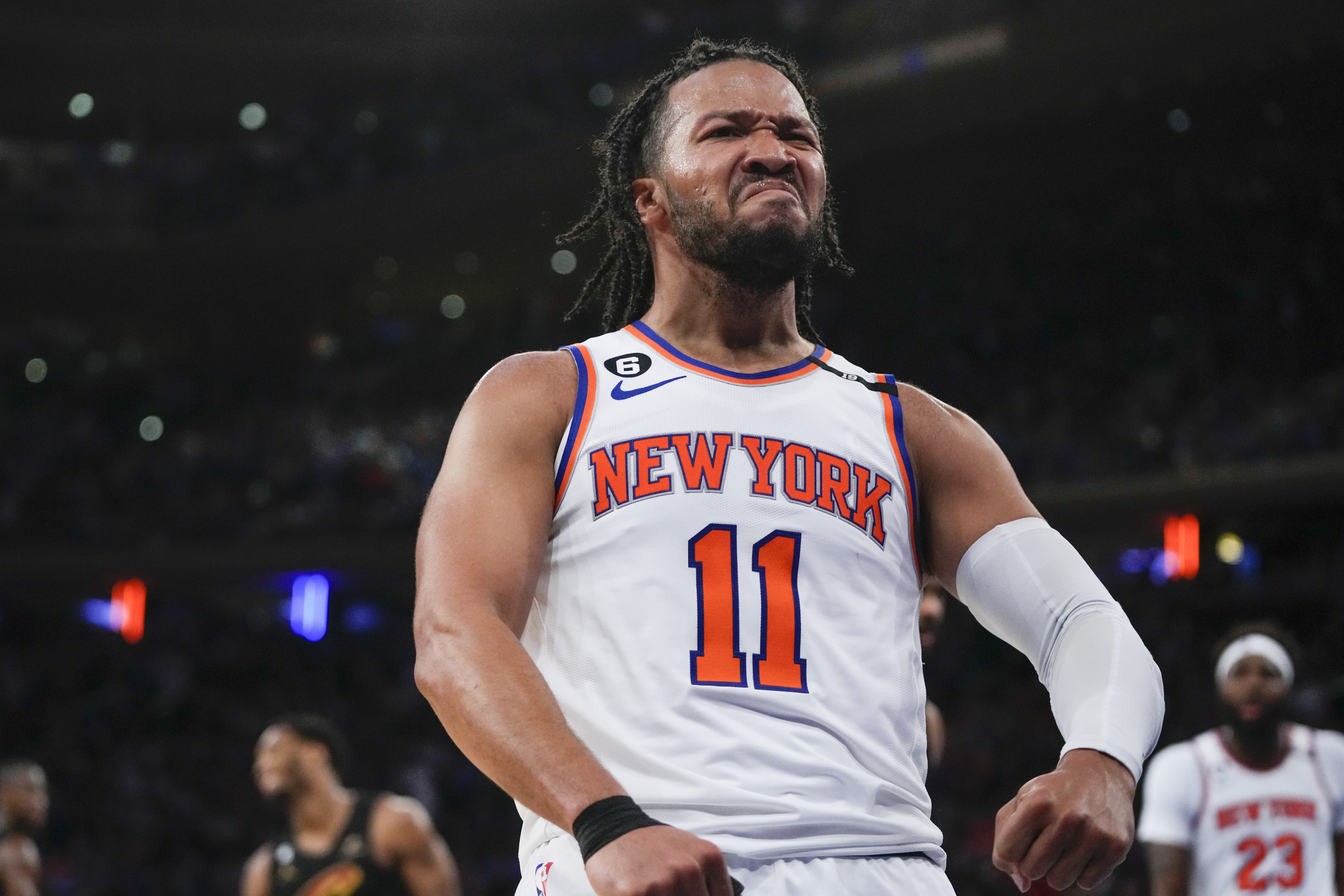 New York Knicks' Jalen Brunson celebrates after scoring against the Cleveland Cavaliers during the second half of Game 3 in an NBA basketball first-round playoff series Friday, April 21, 2023, in New York. The Knicks won 99-79. 