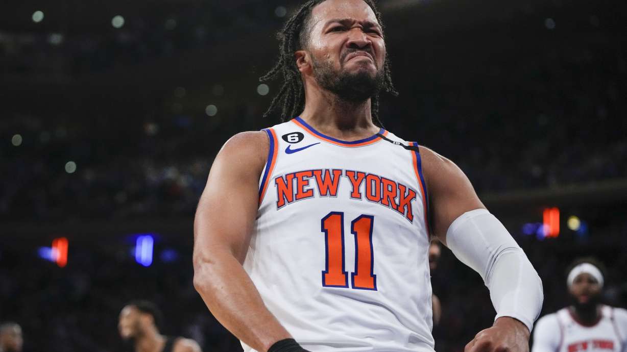 New York Knicks' Jalen Brunson celebrates after scoring against the Cleveland Cavaliers during the second half of Game 3 in an NBA basketball first-round playoff series Friday, April 21, 2023, in New York. The Knicks won 99-79.