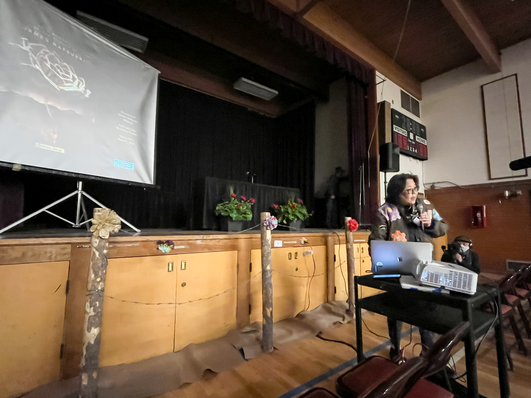 Nancy Ukai gives a presentation on the life of James Hatsuaki Wakasa during an event at the Salt Lake City Buddhist Temple Friday night. Ukai began researching Wakasa's life in 2015.