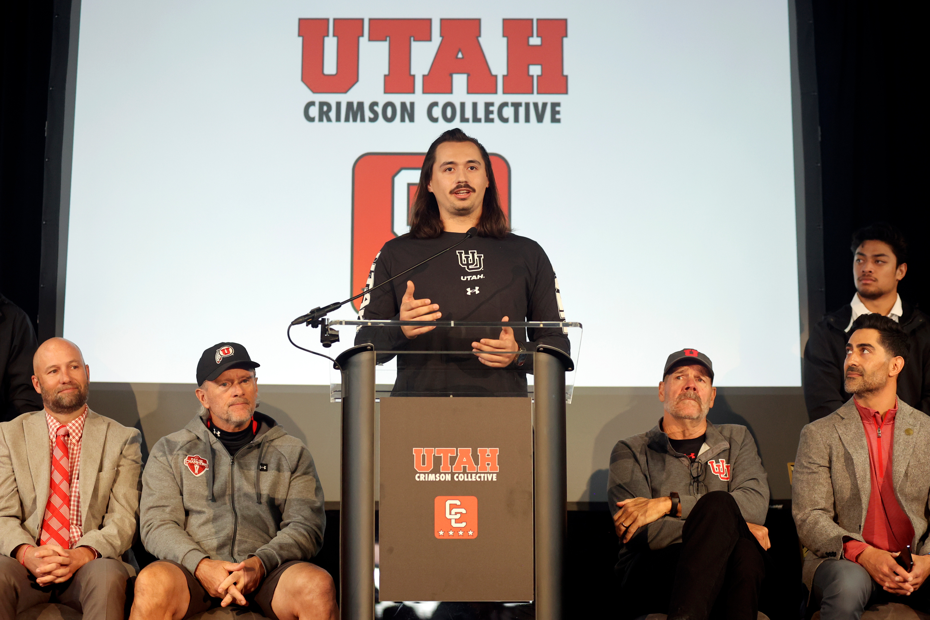 University of Utah football quarterback Cam Rising speaks during the Crimson Collective launch event at the Rice-Eccles Stadium in Salt Lake City on Friday, April 21, 2023. The Crimson Collective is an independent NIL organization and the exclusive NIL collective for Utah football.