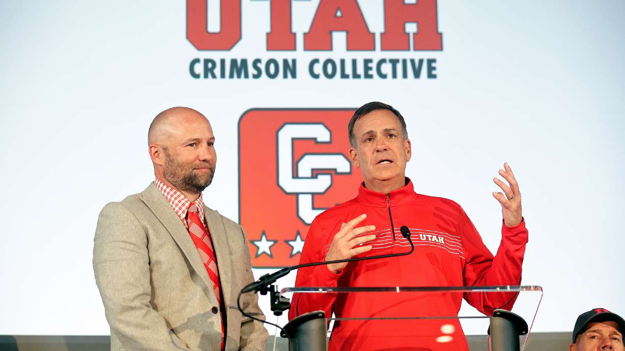 Crimson Collective founder Matt Garff and University of Utah athletic director Mark Harlan speak during the Crimson Collective launch event at the Rice-Eccles Stadium in Salt Lake City on Friday, April 21, 2023. The Crimson Collective is an independent NIL organization and the exclusive NIL collective for Utah football.