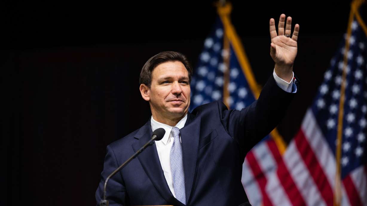 Florida Gov. Ron DeSantis speaks during the Utah Republican Party Organizing Convention at Utah Valley University in Orem on Saturday.