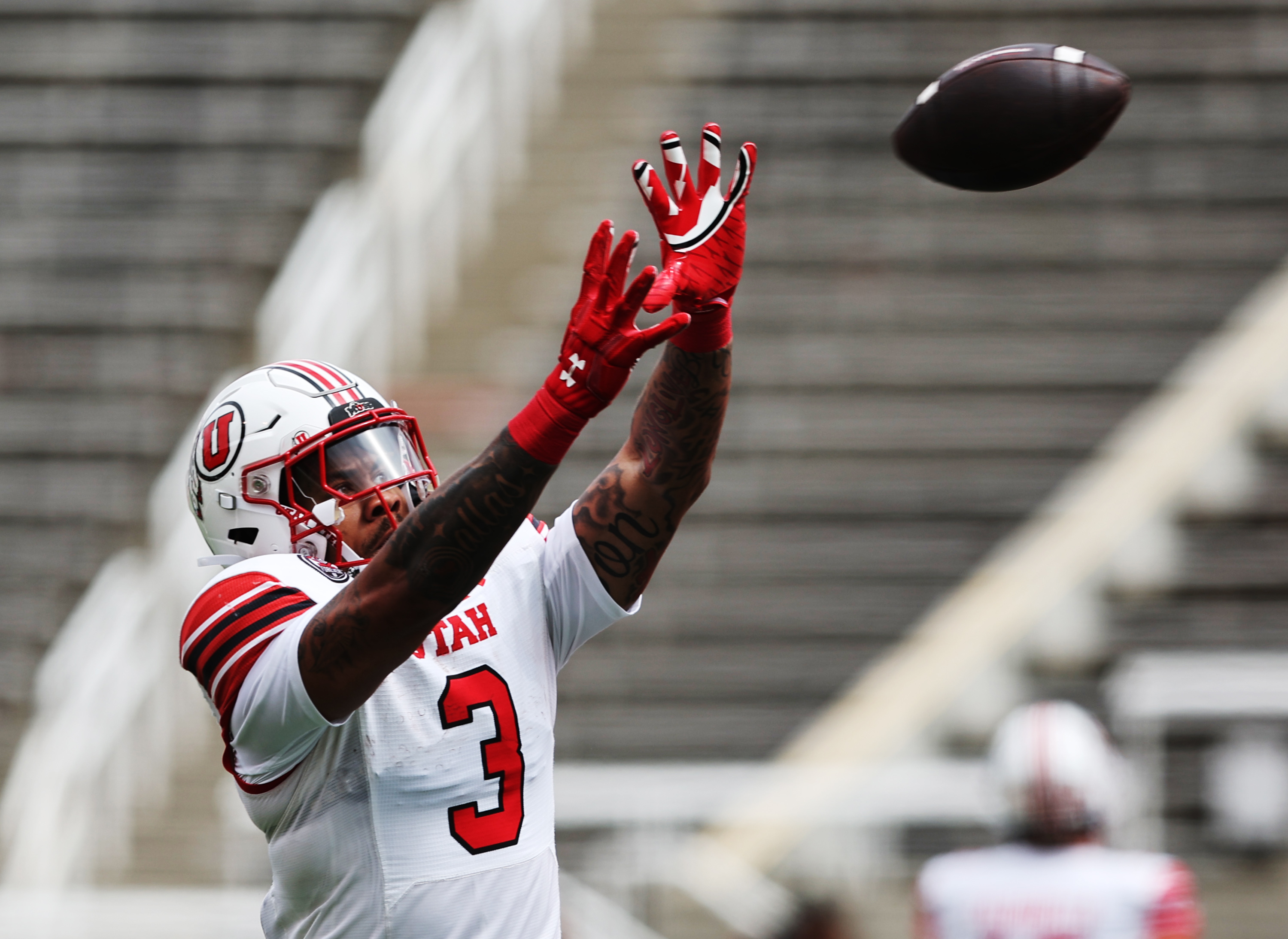 White’s Ja’Quinden Jackson makes a catch in the flat on a pass play as The University of Utah football team plays in the 22 Game at Rice Eccles Stadium in Salt Lake City on Saturday, April 22, 2023. the white team won 38-28 over red.