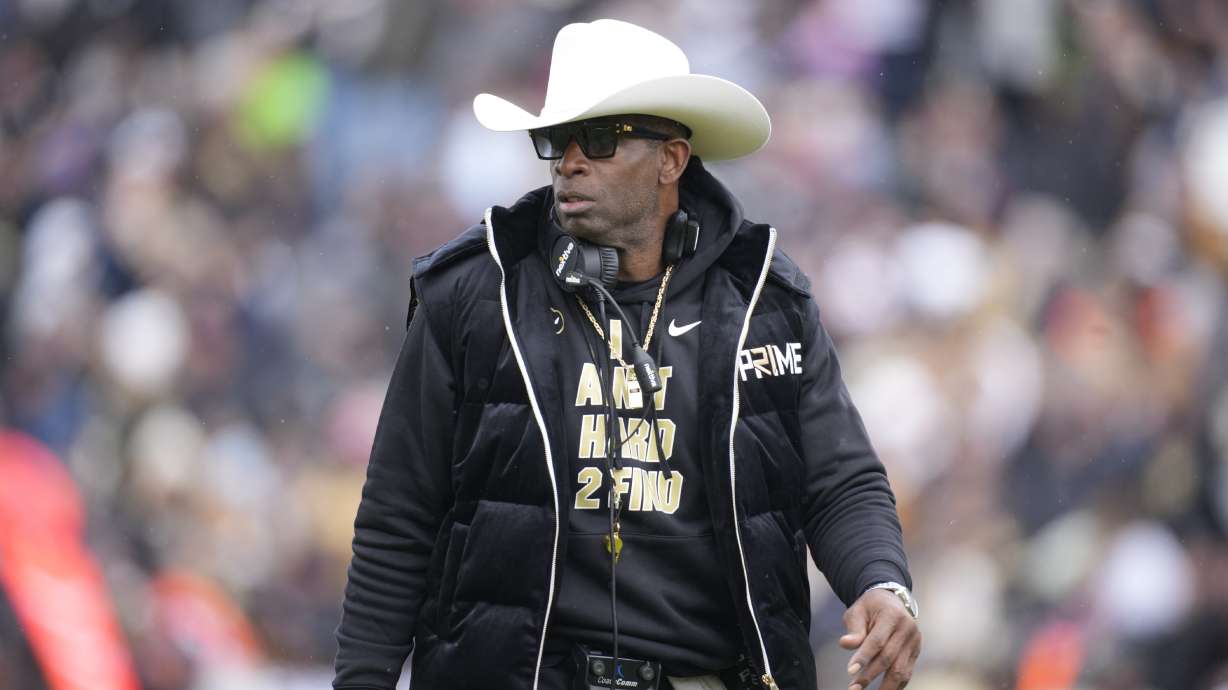 Colorado head coach Deion Sanders looks on in the first half of the team's spring practice NCAA college football game Saturday, April 22, 2023, in Boulder, Colo.