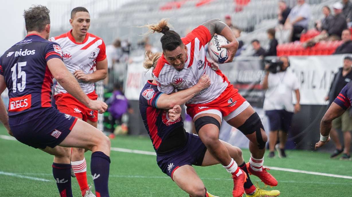 Utah Warriors flanker Lance Williams carries the ball against Old Glory DC, Saturday, April 22, 2023 in Leesburg, Virginia.