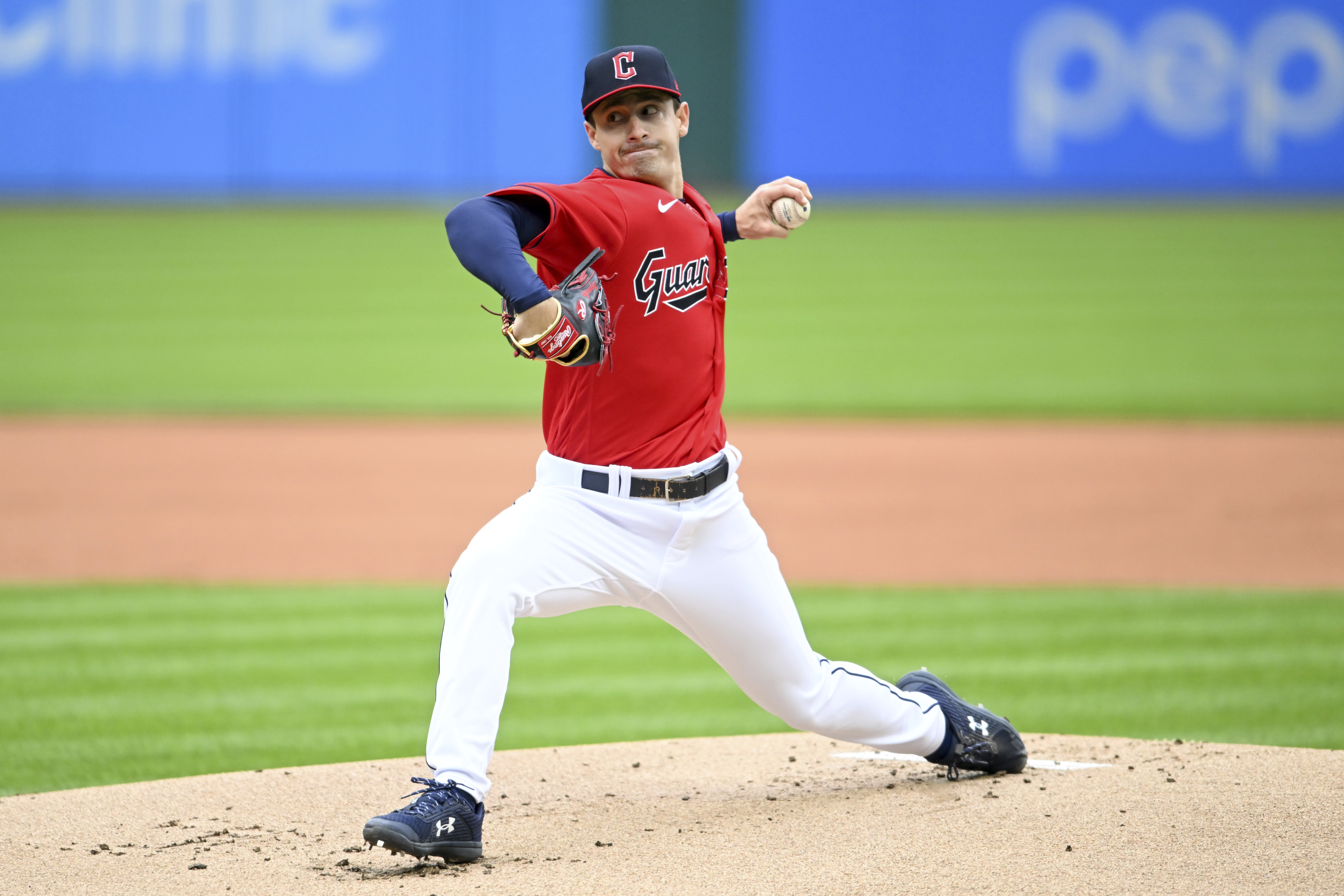 Cleveland Guardians starting pitcher Logan Allen, in his major league debut, delivers during the first inning of a baseball game against the Miami Marlins, Sunday, April 23, 2023, in Cleveland. 