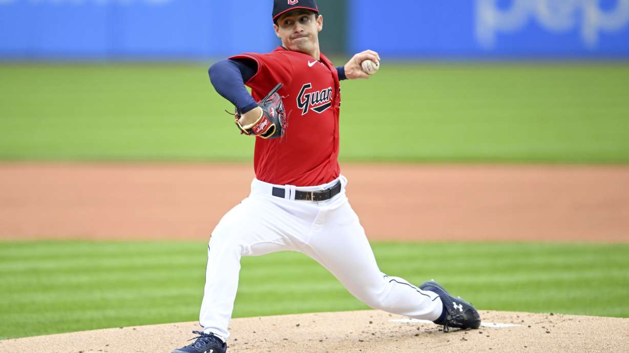 Cleveland Guardians starting pitcher Logan Allen, in his major league debut, delivers during the first inning of a baseball game against the Miami Marlins, Sunday, April 23, 2023, in Cleveland.