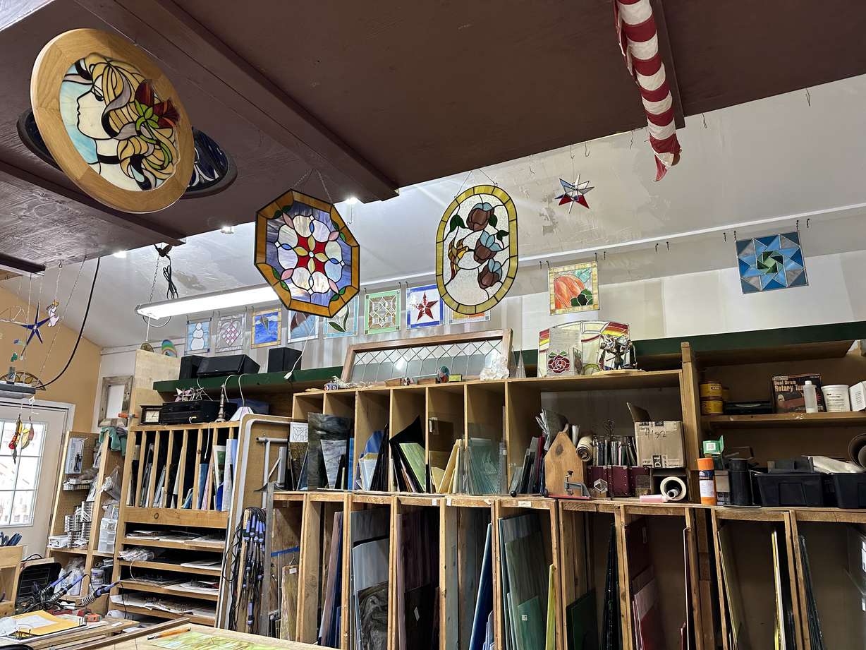 Stained glass is displayed around Jeanne Gomm's home art studio in Provo on April 18.