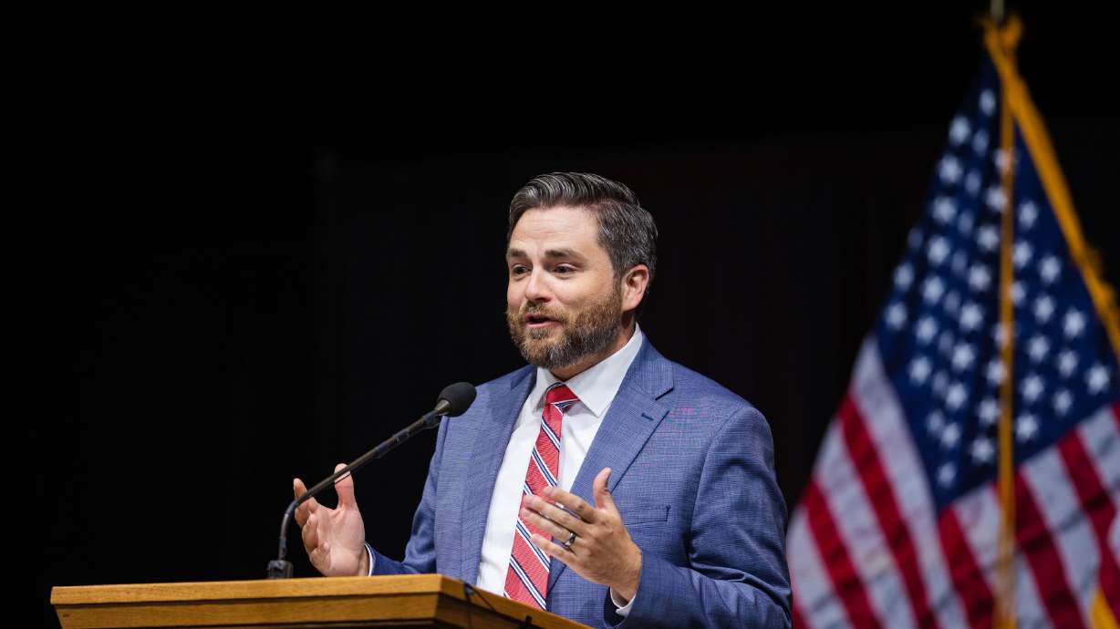 Utah Republican State Party chair candidate Rob Axson speaks during the Utah Republican Party Organizing Convention at Utah Valley University in Orem on April 22.