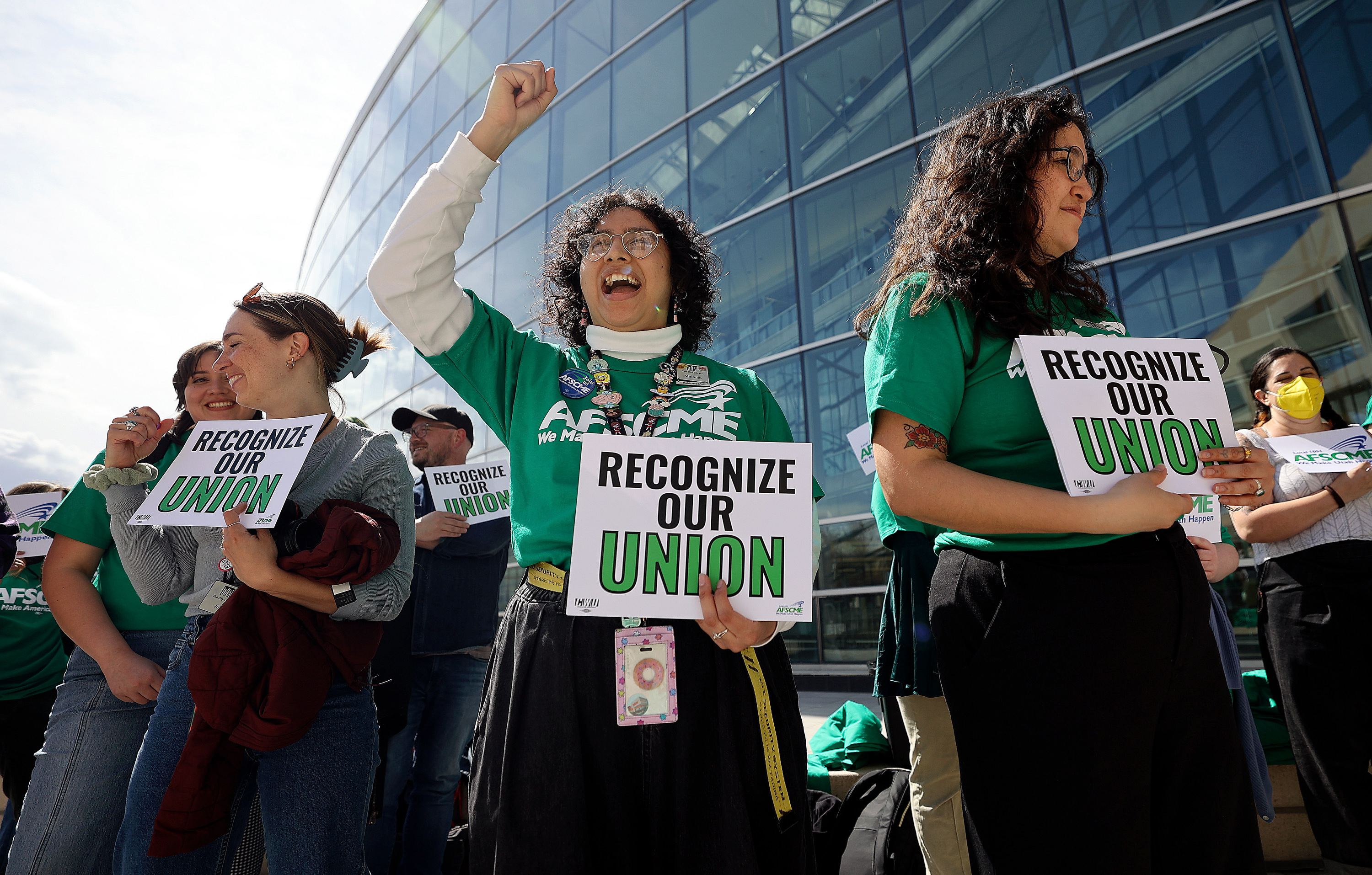Melanie Rodriguez, library assistant at the Marmalade branch, chants during a rally with other Salt Lake City Public Library workers after announcing their intent to unionize at the Salt Lake City Library in Salt Lake City on Monday.