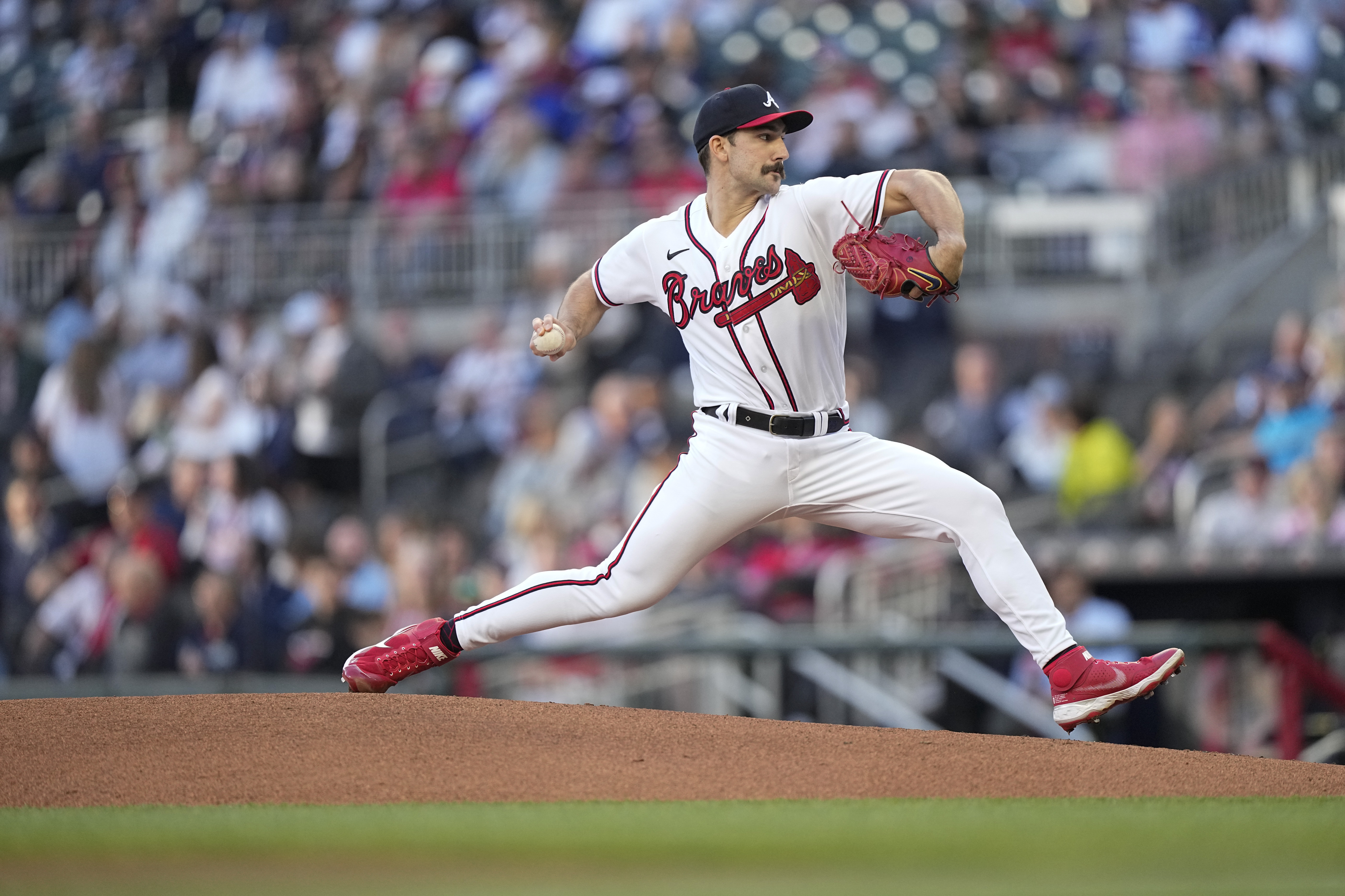 Atlanta Braves starting pitcher Spencer Strider, delivers in the first inning of a baseball game against the Miami Marlins, Monday, April 24, 2023, in Atlanta.