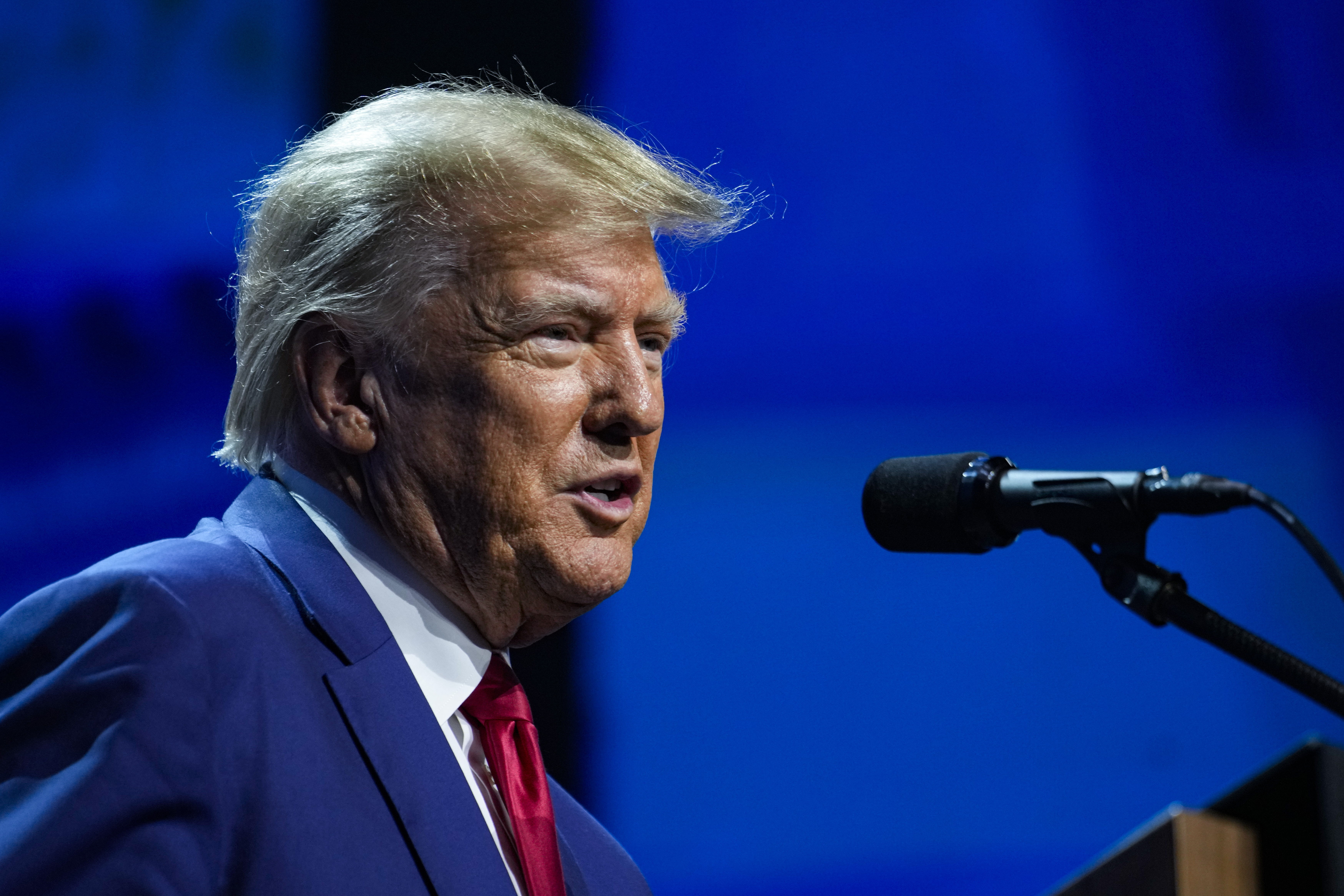Former President Donald Trump speaks at the National Rifle Association Convention in Indianapolis on April 14. E. Jean Carroll testified Wednesday that Trump raped her in a luxury department store in 1996; Trump denies the allegation.