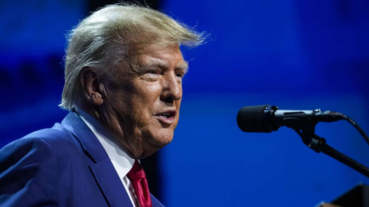 Former President Donald Trump speaks at the National Rifle Association Convention in Indianapolis on April 14. E. Jean Carroll testified Wednesday that Trump raped her in a luxury department store in 1996; Trump denies the allegation.