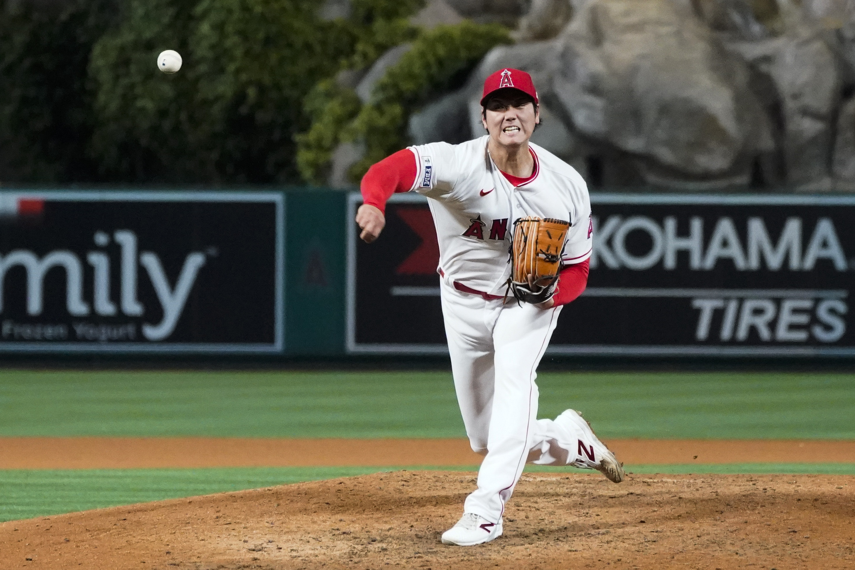Los Angeles Angels starting pitcher Shohei Ohtani (17) throws during a baseball game against the Kansas City Royals in Anaheim, Calif., Friday, April 21, 2023. 
