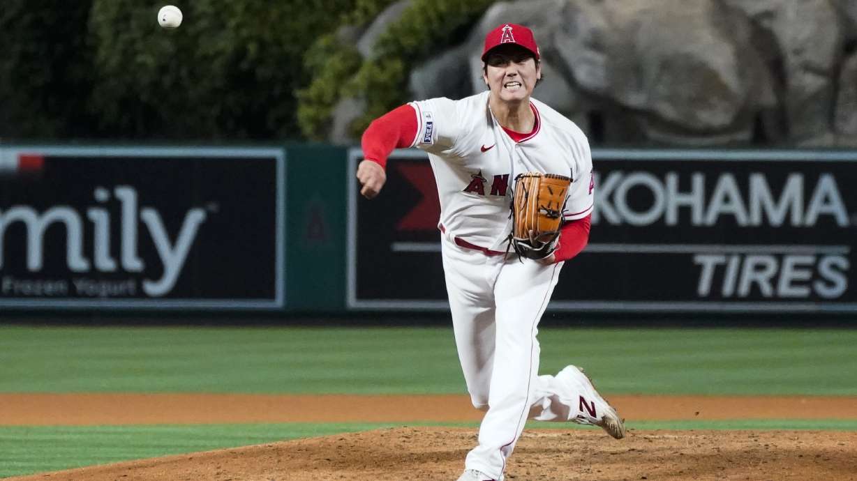 Los Angeles Angels starting pitcher Shohei Ohtani (17) throws during a baseball game against the Kansas City Royals in Anaheim, Calif., Friday, April 21, 2023.