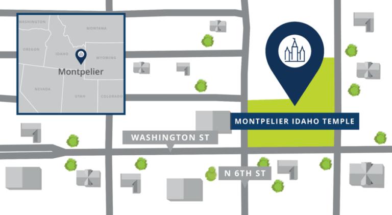 This map shows the location of the Montpelier, Idaho temple.