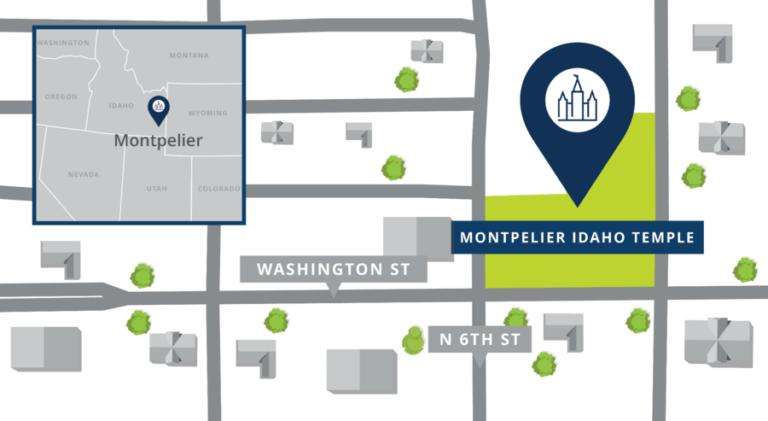 This map shows the location of the Montpelier, Idaho temple.
