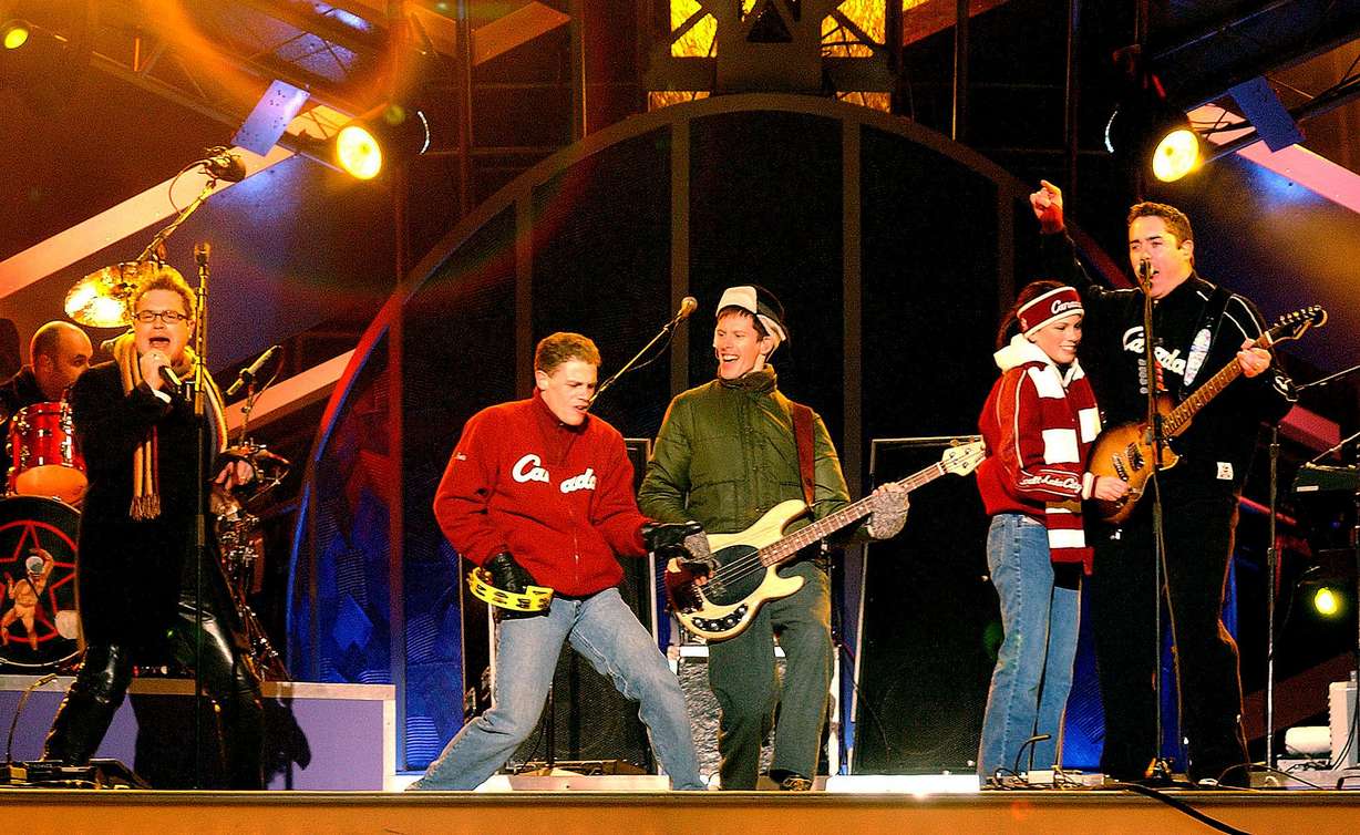 Canadian ice skaters David Pelletier and Jamie Sale perform with Bare Naked Ladies at the Medals Plaza on February 13, 2002. Sites are still needed for Winter Games medals plaza, big air competitions.