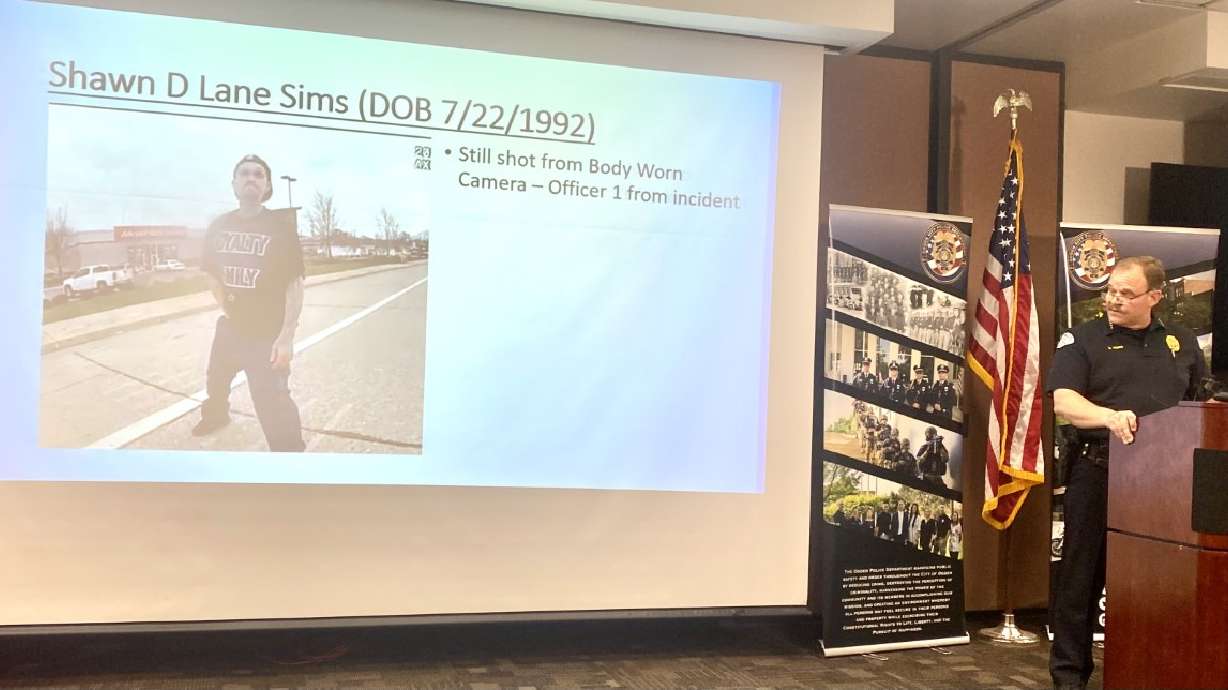 Ogden Police Chief Eric Young shows body camera video Tuesday from officers involved in the arrest of Shawn D. Lane Sims over the weekend. The video shows officers punching Sims, but Young said he refused to take his hand out of his waistband.