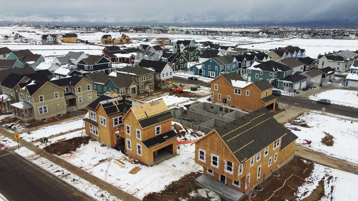 Homes are under construction in South Jordan on Dec. 21, 2022. Utah ranks in the top 10 most “difficult” states for first-time homebuyers, with an average of over $70,000 in cash needed up front for a down payment.
