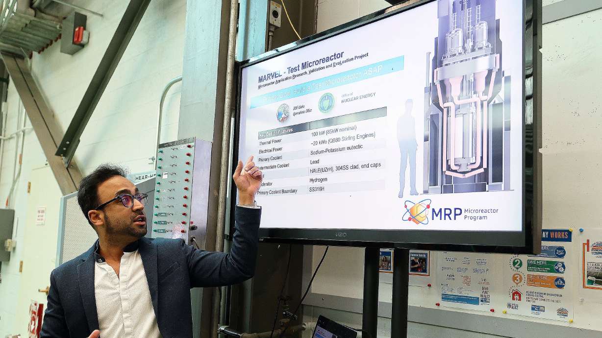 Yasir Arafat, MARVEL chief designer and project lead, talks about MARVEL, the Microreactor Application Research Validation and Evaluation Project, at the Idaho National Laboratory in Atomic City, Idaho, on April 5.