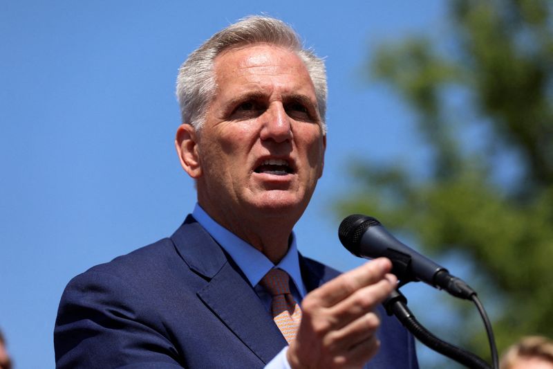 House Speaker Kevin McCarthy, R-Calif., and other House Republicans speak on Capitol Hill in Washington, on Thursday. The U.S. House of Representatives on Wednesday narrowly passed a bill to raise the government's $31.4 trillion debt ceiling.