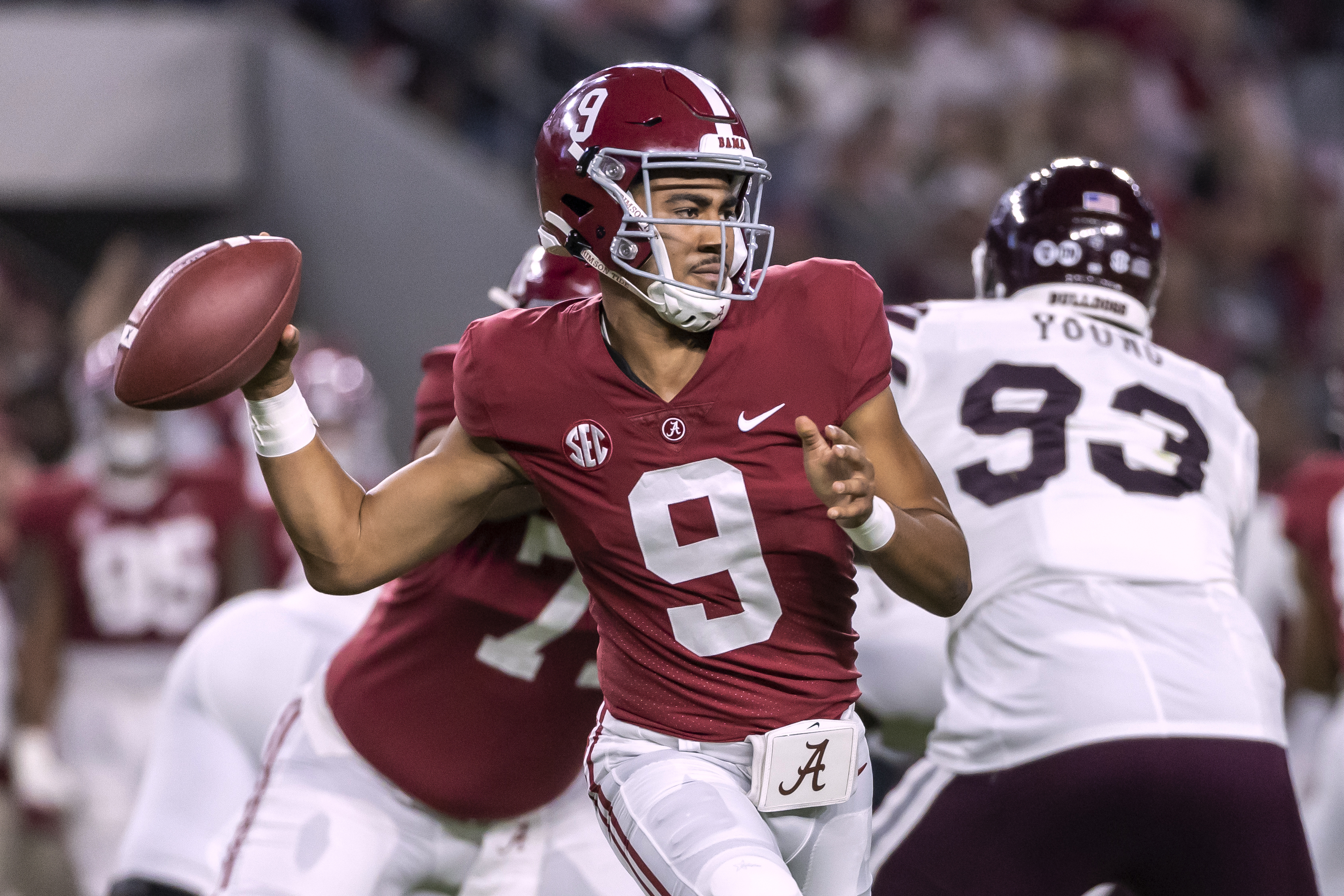 FILE - Alabama quarterback Bryce Young (9) throws the ball during the first half of the team's NCAA college football game against Mississippi State, Saturday, Oct. 22, 2022, in Tuscaloosa, Ala. Bryce Young, C.J. Stroud, Anthony Richardson and Will Levis are projected to go anywhere from the top 5 to top 15 picks in this draft.