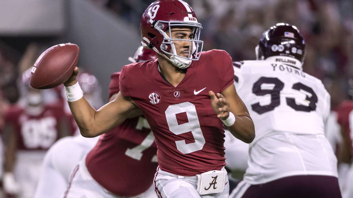 FILE - Alabama quarterback Bryce Young (9) throws the ball during the first half of the team's NCAA college football game against Mississippi State, Saturday, Oct. 22, 2022, in Tuscaloosa, Ala. Bryce Young, C.J. Stroud, Anthony Richardson and Will Levis are projected to go anywhere from the top 5 to top 15 picks in this draft.