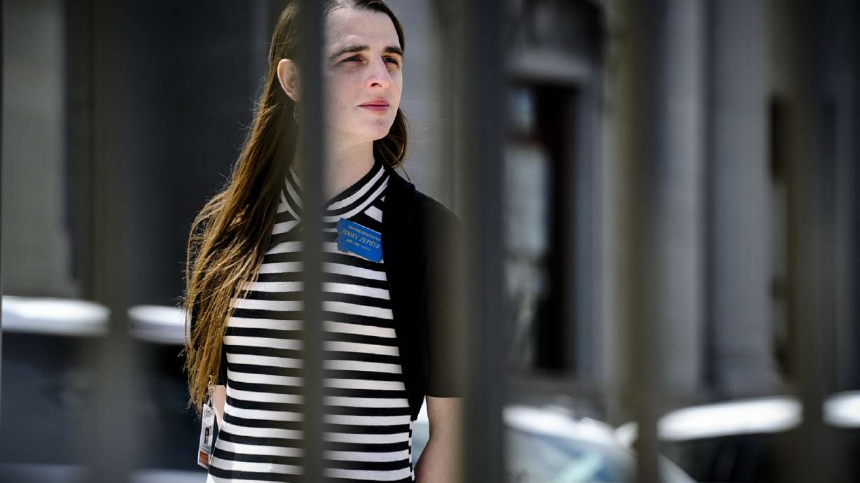 Rep. Zooey Zephyr, D-Missoula, stands at the Montana State Capitol during a rally, in Helena, Mont., Monday. Republican legislative leaders in Montana persisted in forbidding the Democratic transgender lawmaker from participating in debate.