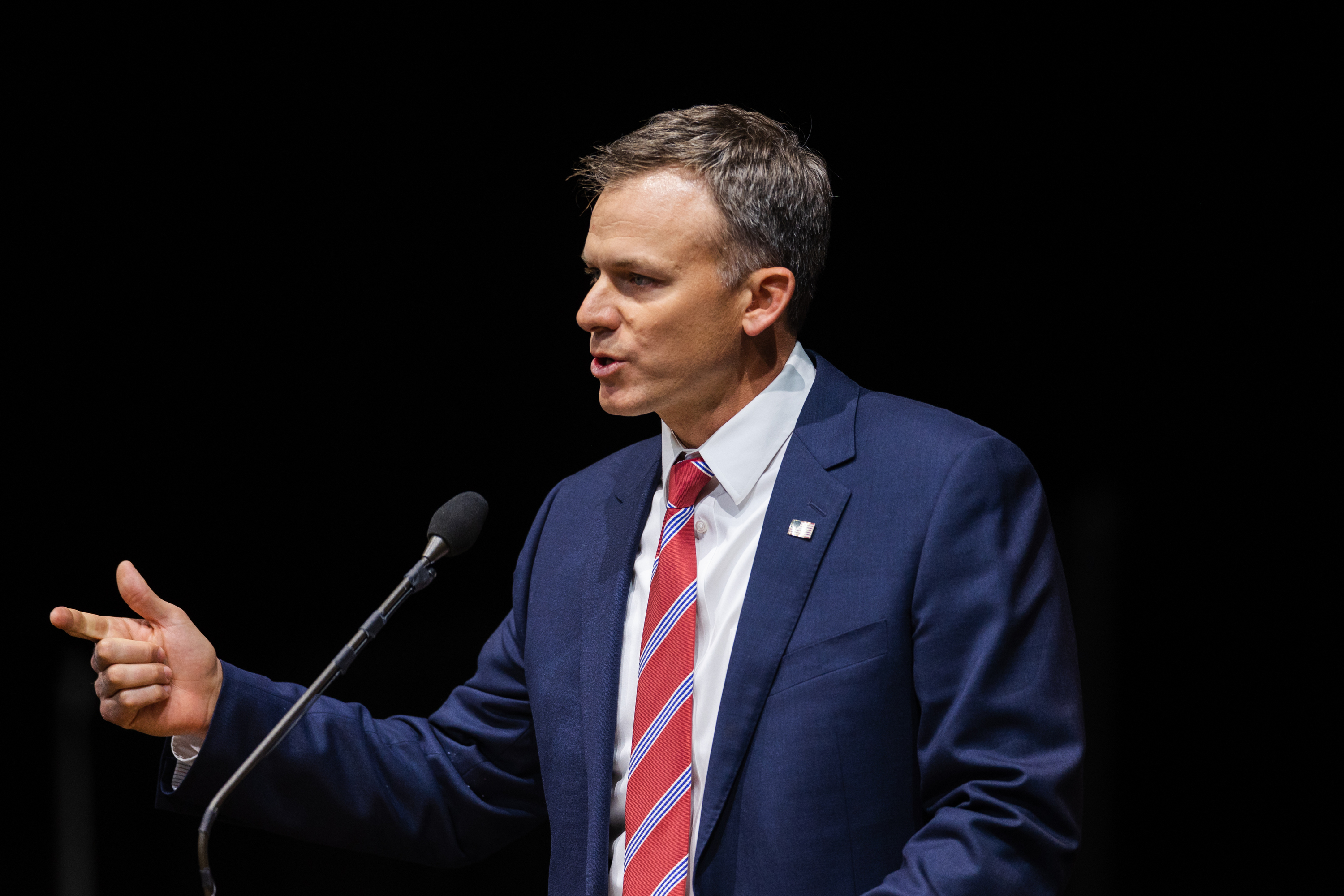 U.S. Rep. Blake Moore, R-Utah, speaks at the Utah Republican Party Organizing Convention in Orem on Saturday. He recently argued regulations are hurting production of clean energy.