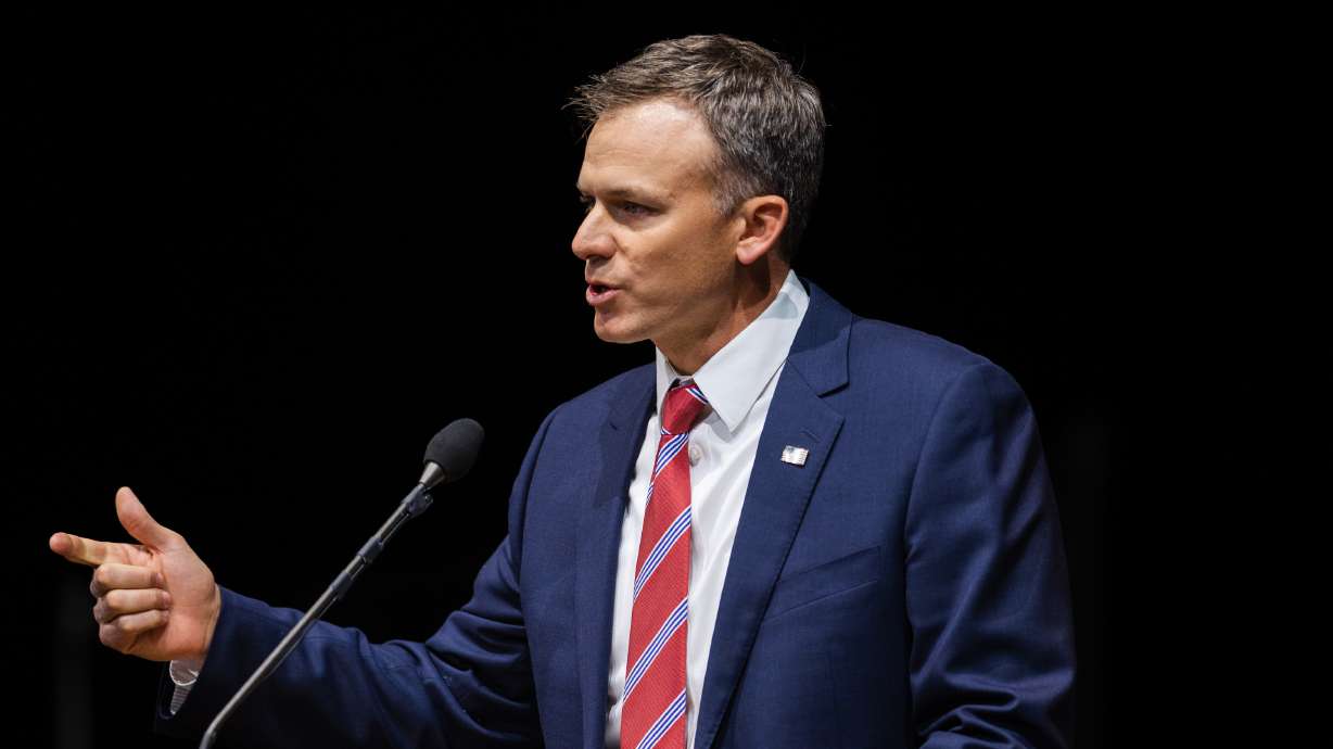 U.S. Rep. Blake Moore, R-Utah, speaks at the Utah Republican Party Organizing Convention in Orem on Saturday. He recently argued regulations are hurting production of clean energy.