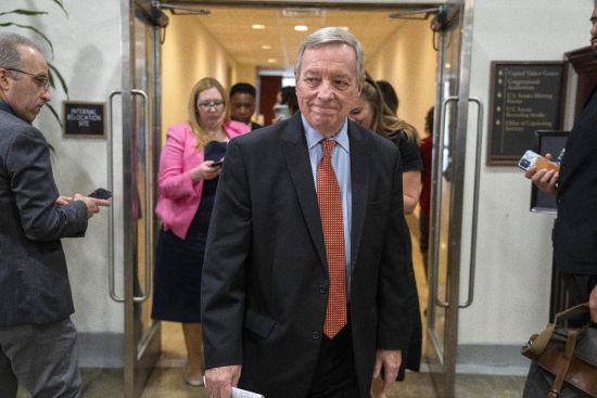 Sen. Dick Durbin, D-Ill., leaves a closed-door briefing about leaked highly classified military documents, April 19 on Capitol Hill in Washington. Durbin, the Democratic chairman of the Senate Judiciary, has invited Supreme Court Justice John Roberts to testify next month at a hearing on ethics standards.