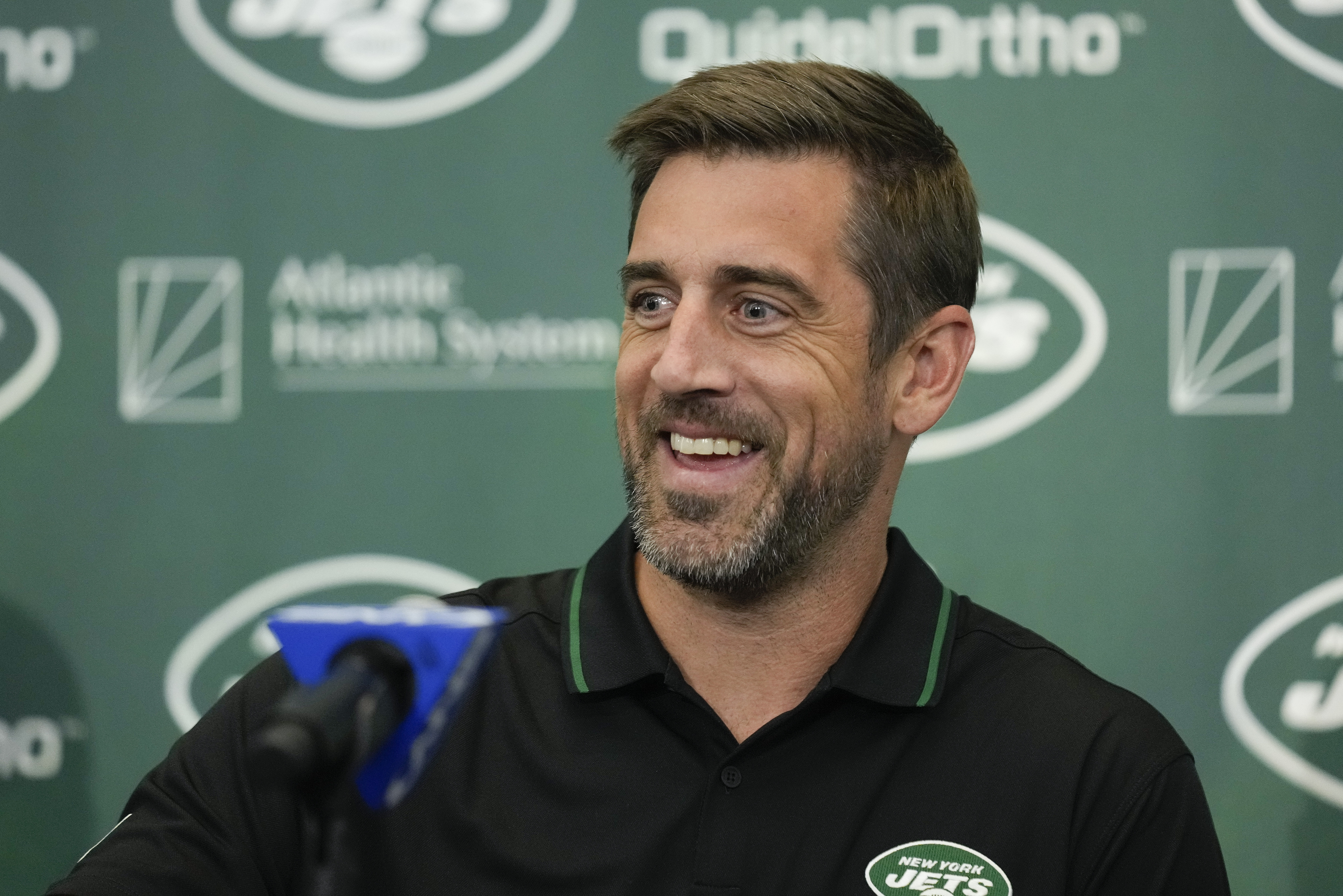New York Jets quarterback Aaron Rodgers answers questions during an introductory NFL football press conference, Wednesday, April 26, 2023, in Florham Park, N.J. 