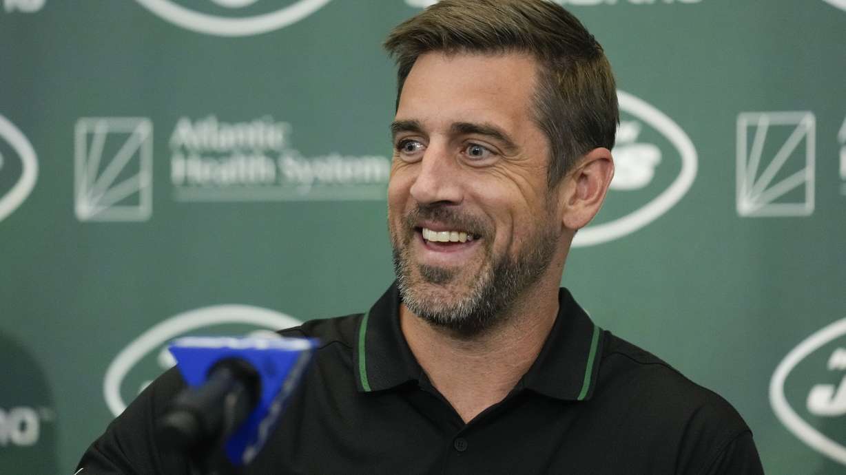 New York Jets quarterback Aaron Rodgers answers questions during an introductory NFL football press conference, Wednesday, April 26, 2023, in Florham Park, N.J.