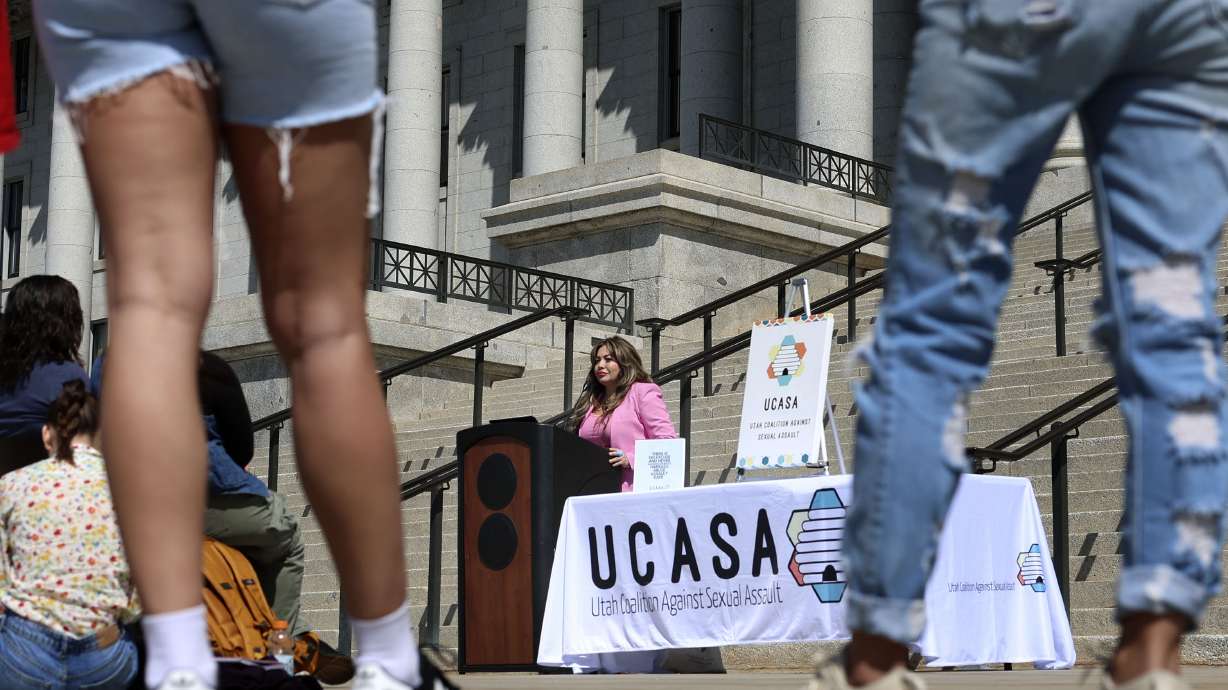 Marie C. Aleman speaks at the Utah Coalition Against Sexual Assault’s Denim Day press conference at the Capitol in Salt Lake City, April 26, 2023. The group and other providers held a Sexual Assault Awareness event at the Capitol Tuesday.