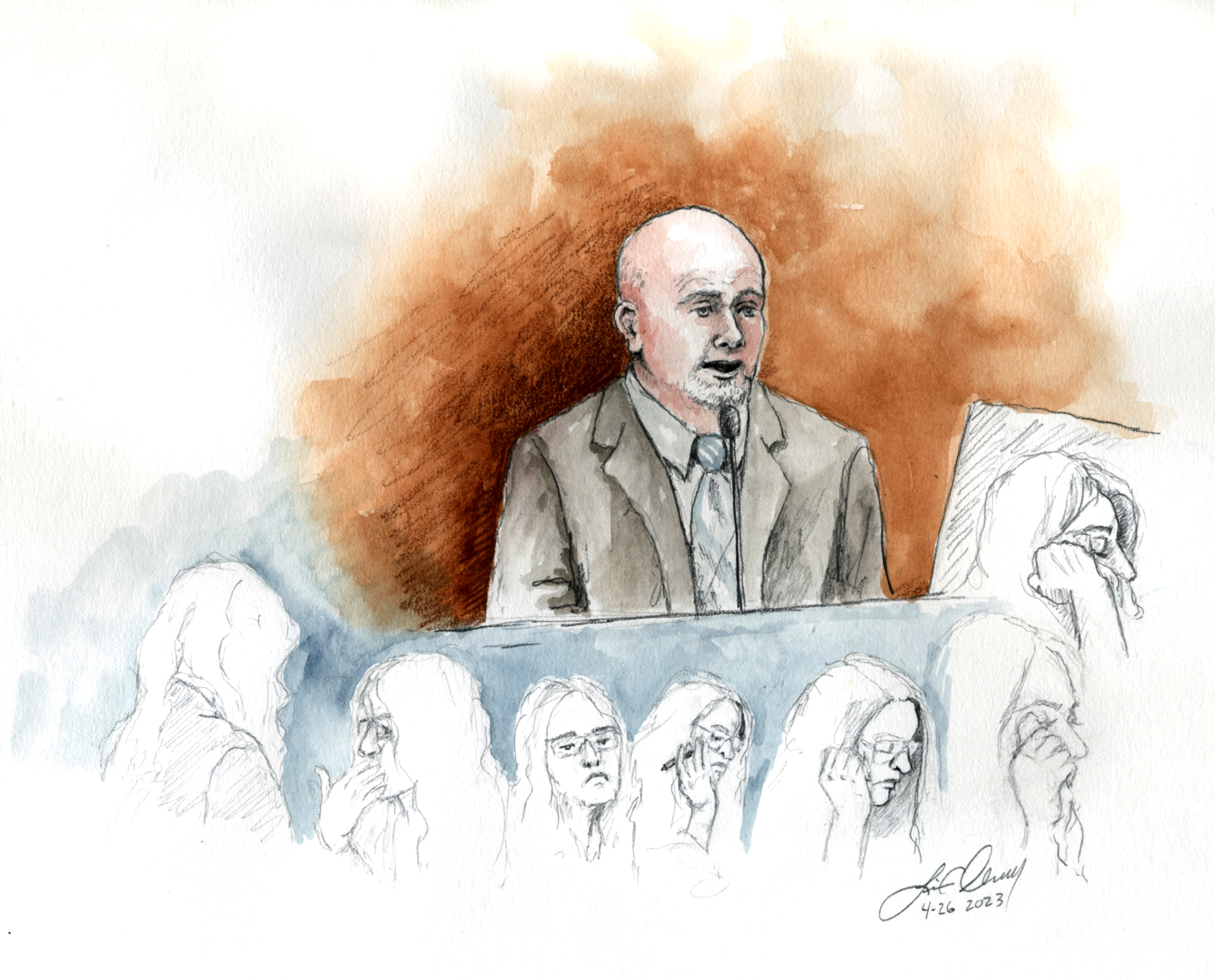 Dr. Garth Warren, a forensic pathologist, testifies Wednesday in the Lori Vallow Daybell murder trial in Boise. Various depictions of Daybell in court on Wednesday are shown below.