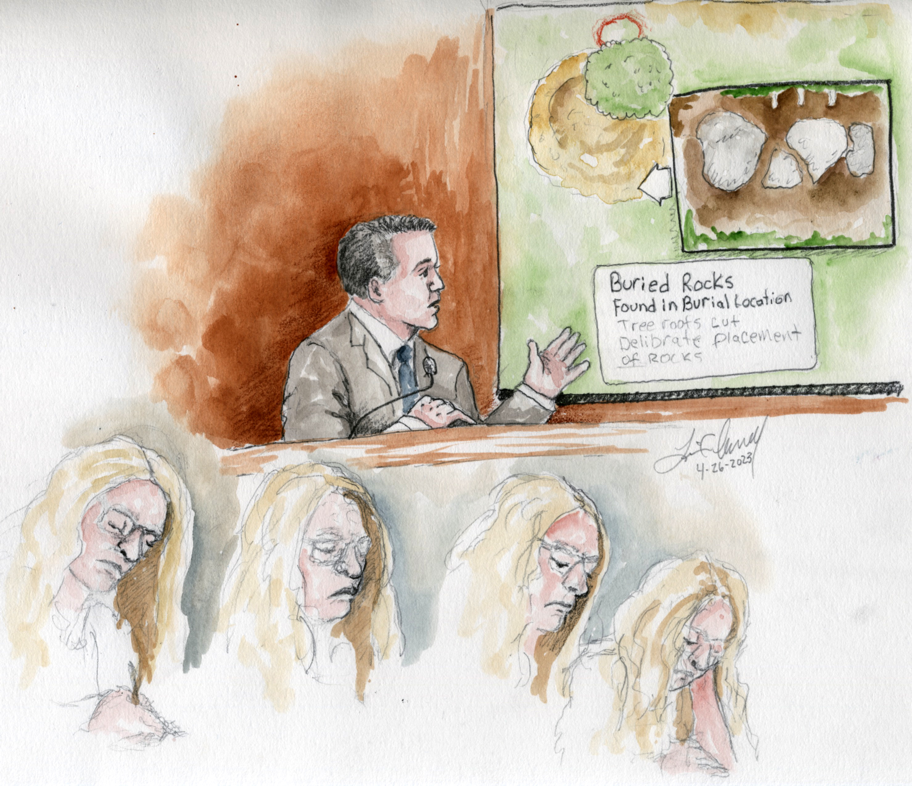FBI special agent Steve Daniels testifies in the Lori Vallow Daybell murder trial in Boise on Wednesday. Depictions of Daybell during the testimony are shown below.
