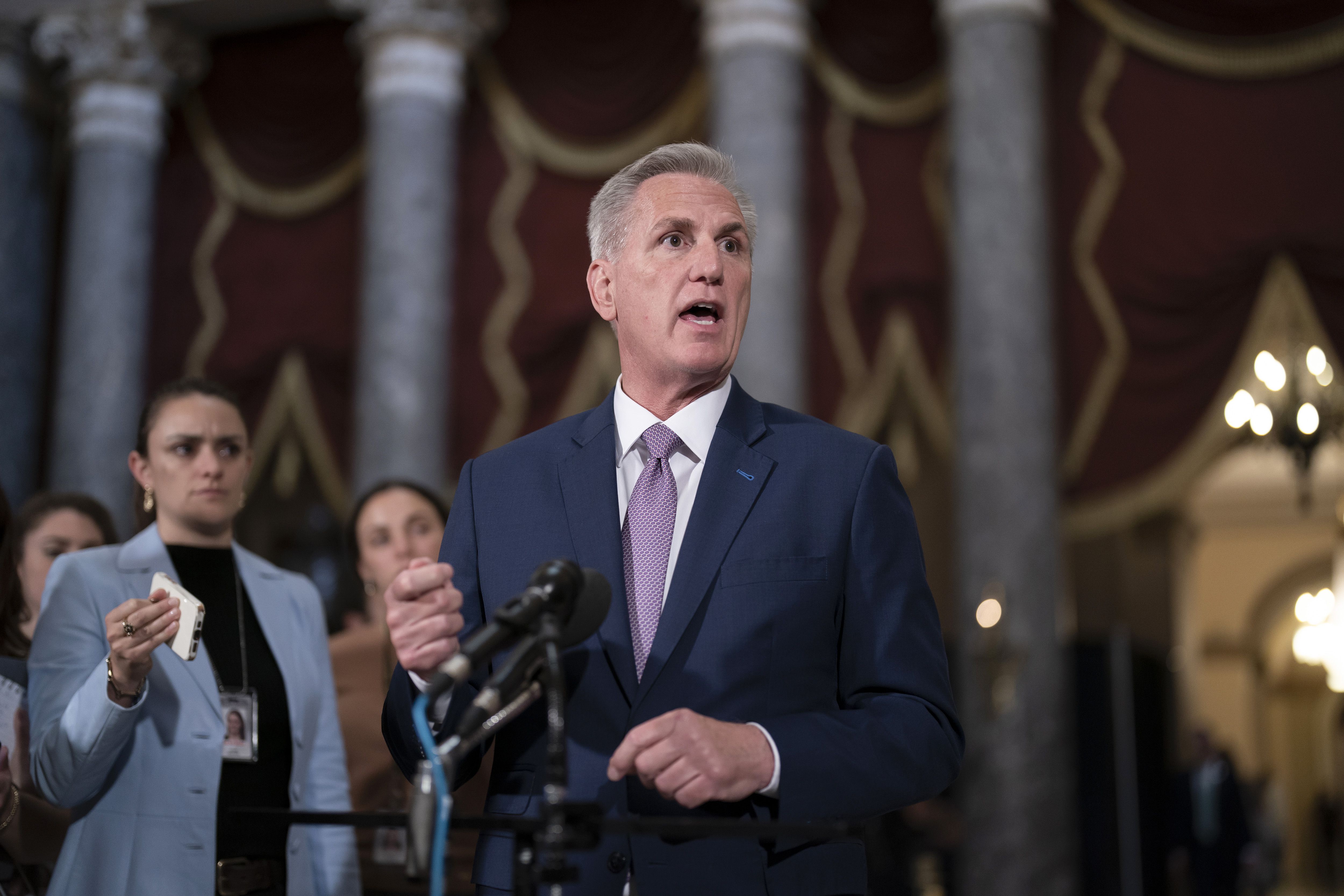 Speaker of the House Kevin McCarthy, R-Calif., talks to reporters just after the Republican majority in the House narrowly passed a sweeping debt ceiling package at the Capitol in Washington on Wednesday.