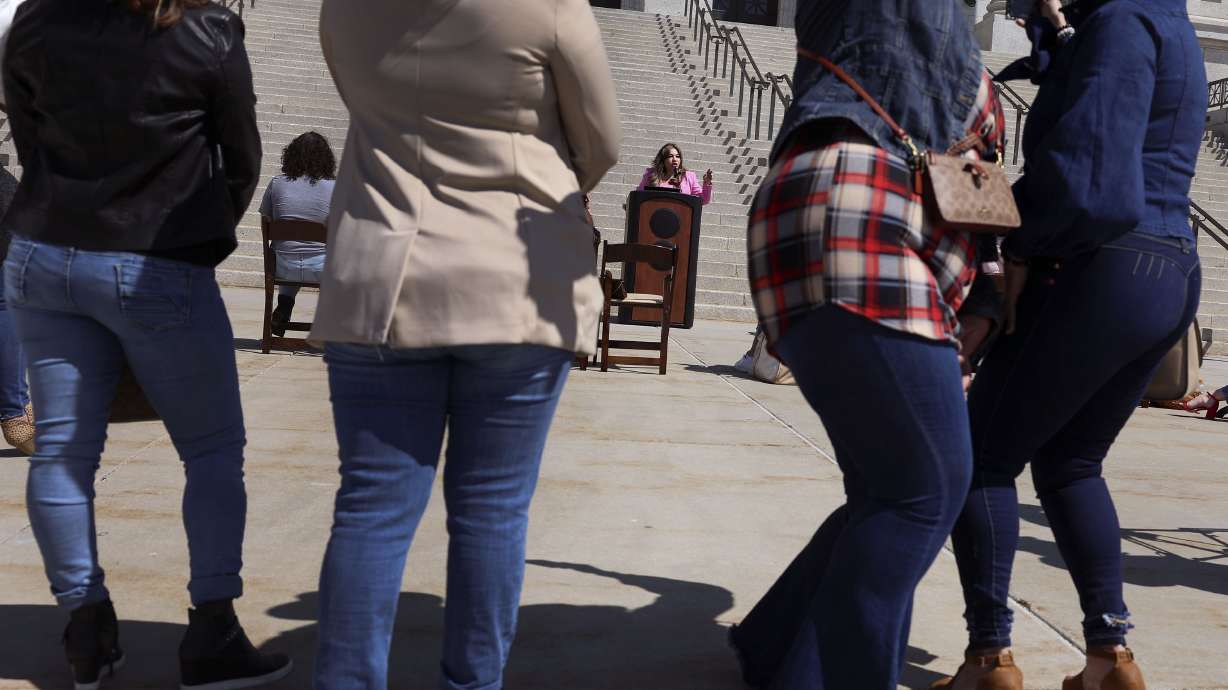 Community organizers Marie C. Aleman speaks at the Utah Coalition Against Sexual Assault’s Denim Day press conference at the Capitol in Salt Lake City on Wednesday. Denim Day is the world’s largest and longest-running sexual assault awareness and education campaign.