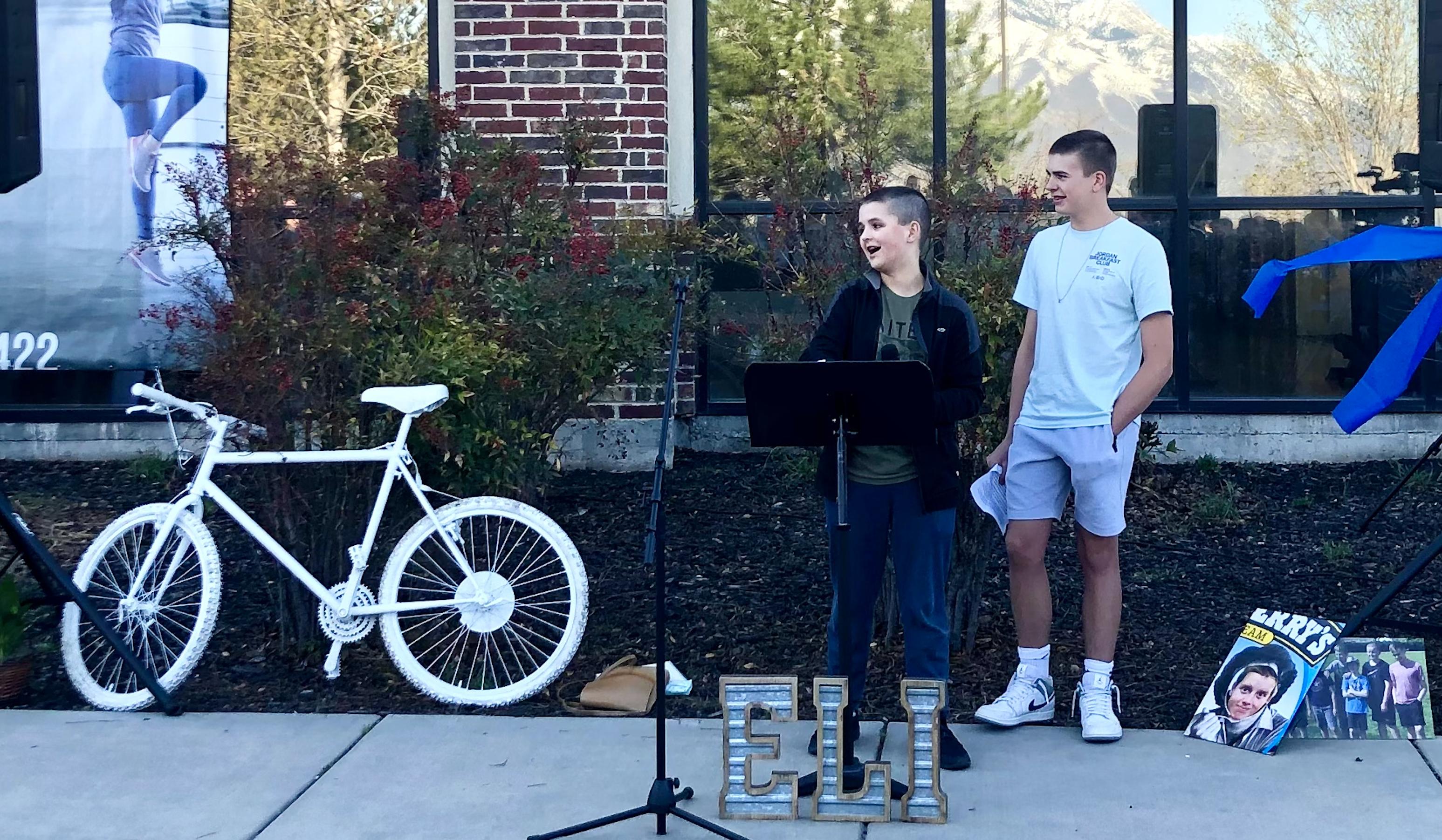 Chandler Newman and Cooper Rodgerson, friends of Eli Mitchell's, presented an angel bike to the Mitchell family on Wednesday, April 26, 2023. Angel bikes are a monument to someone who was hit and killed by a car while biking.