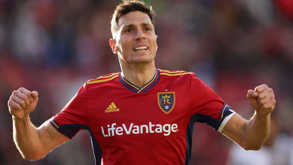 Real Salt Lake midfielder Damir Kreilach (8) celebrates a goal as Real Salt Lake and Toronto FC play at Rio Tinto Stadium in Sandy on Saturday, April 9, 2022.