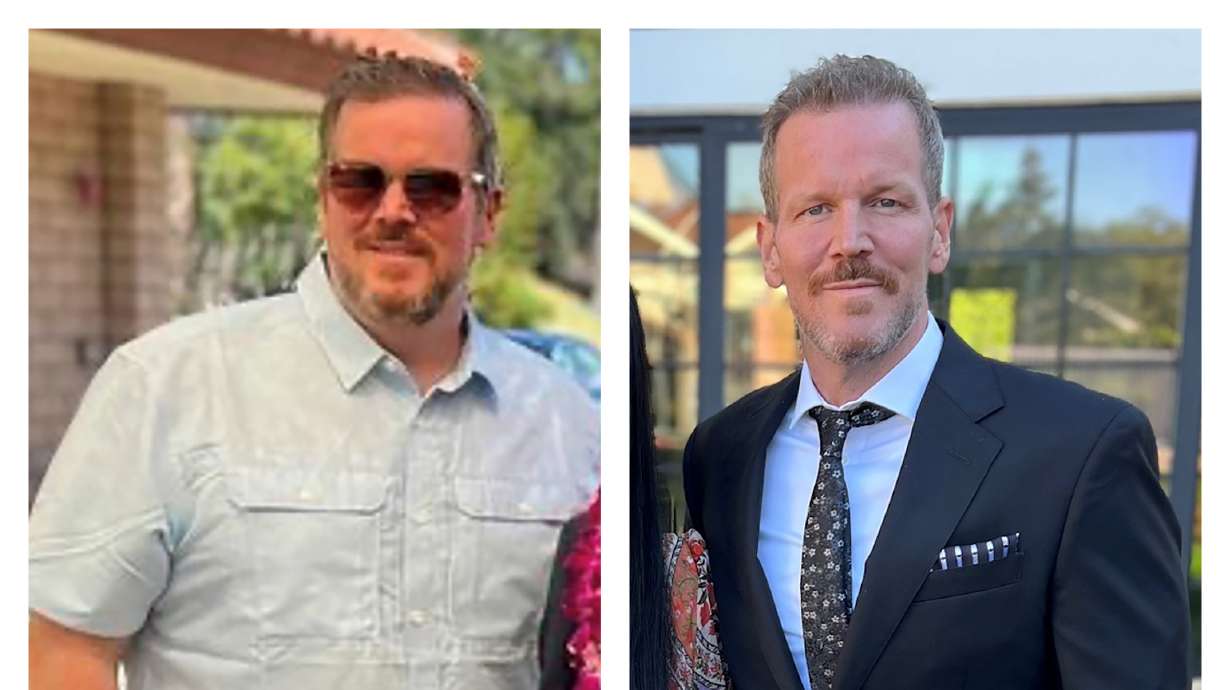 Matthew Barlow is seen in November 2022, left, and April 2023 in California. Barlow, a 48-year-old health technology executive, said he has lost more than 100 pounds since November by using the drug Mounjaro and changing his diet.