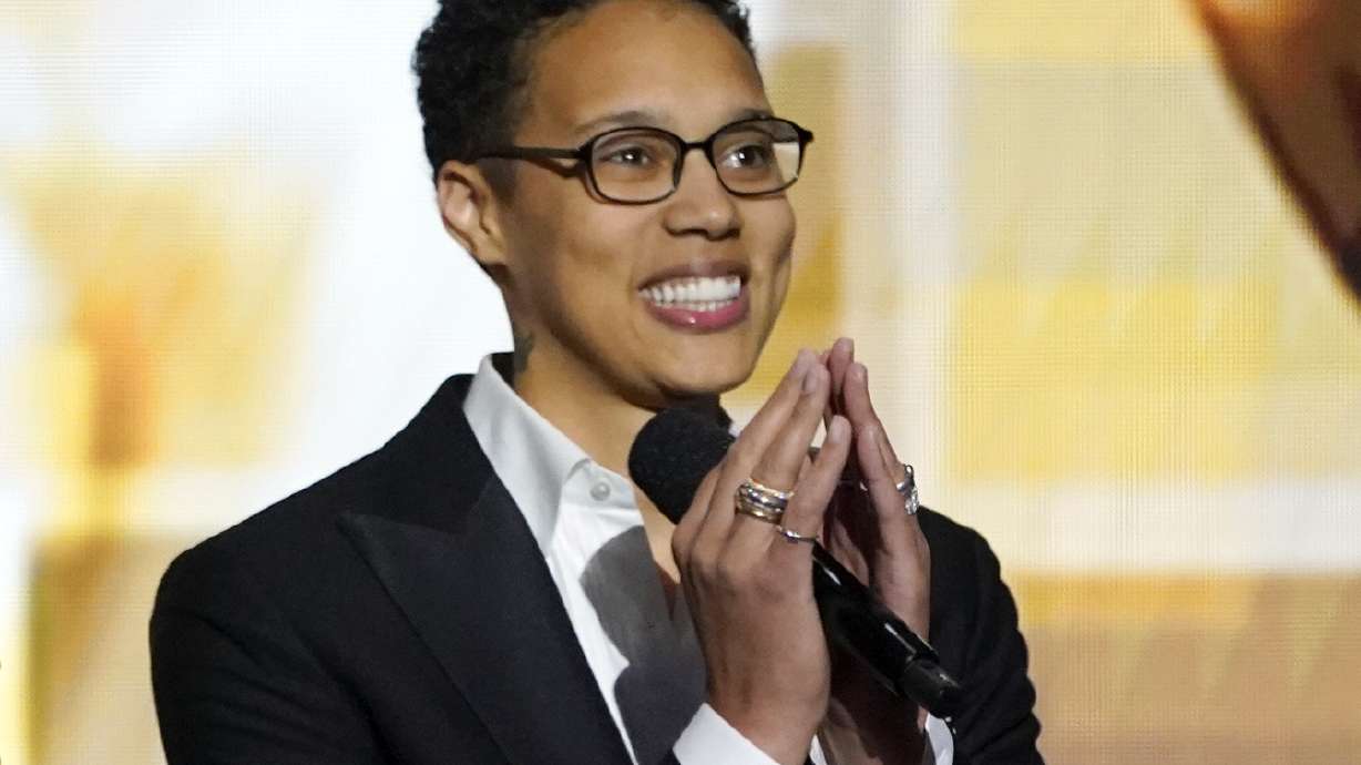 FILE - Brittney Griner appears on stage at the 54th NAACP Image Awards in Pasadena, Calif., on Feb. 25, 2023. Griner is working on a memoir that is scheduled for spring 2024.