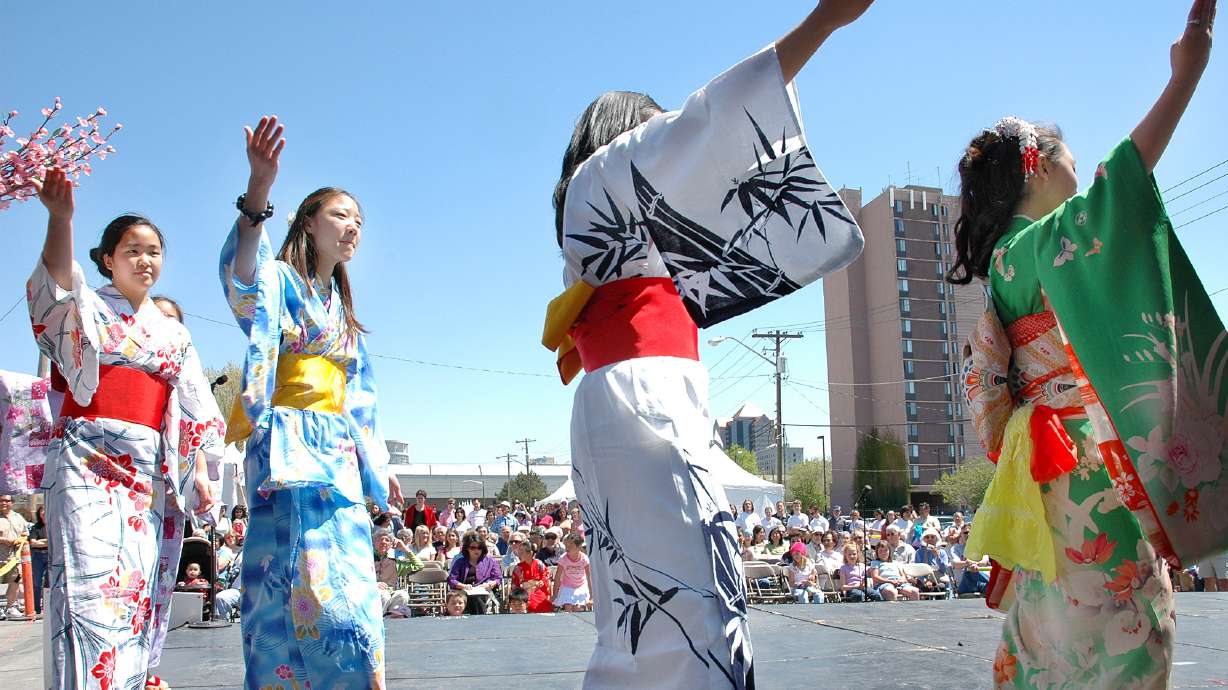 Traditional Japanese dancers Marissa Nakamura, Katherine Seo, Kayla Hamada and Emily Iwasaki at Nihon Matsuri Japanese Festival in 2006. This year's festival will be held on Saturday.