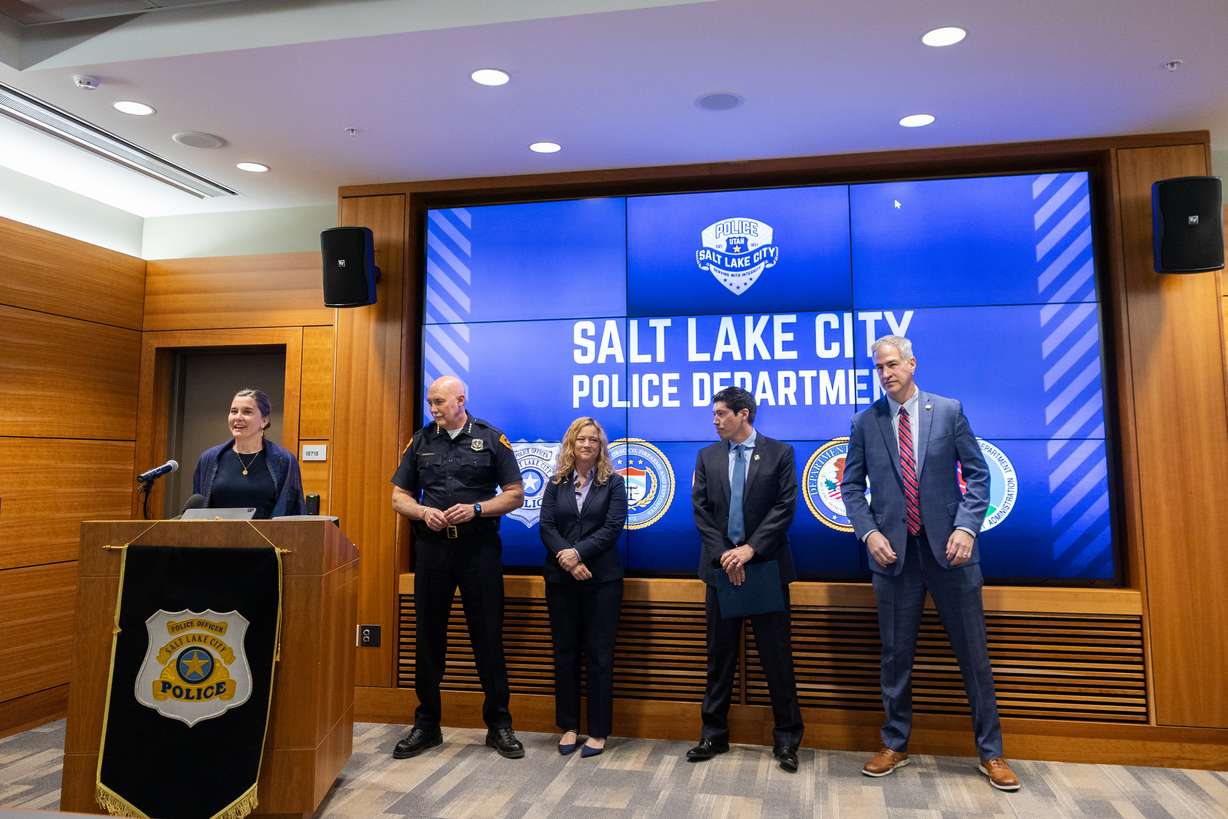 Salt Lake City Mayor Erin Mendenhall speaks during a Project Safe Neighborhoods community update at the Salt Lake City Public Safety Building in Salt Lake City on Thursday.