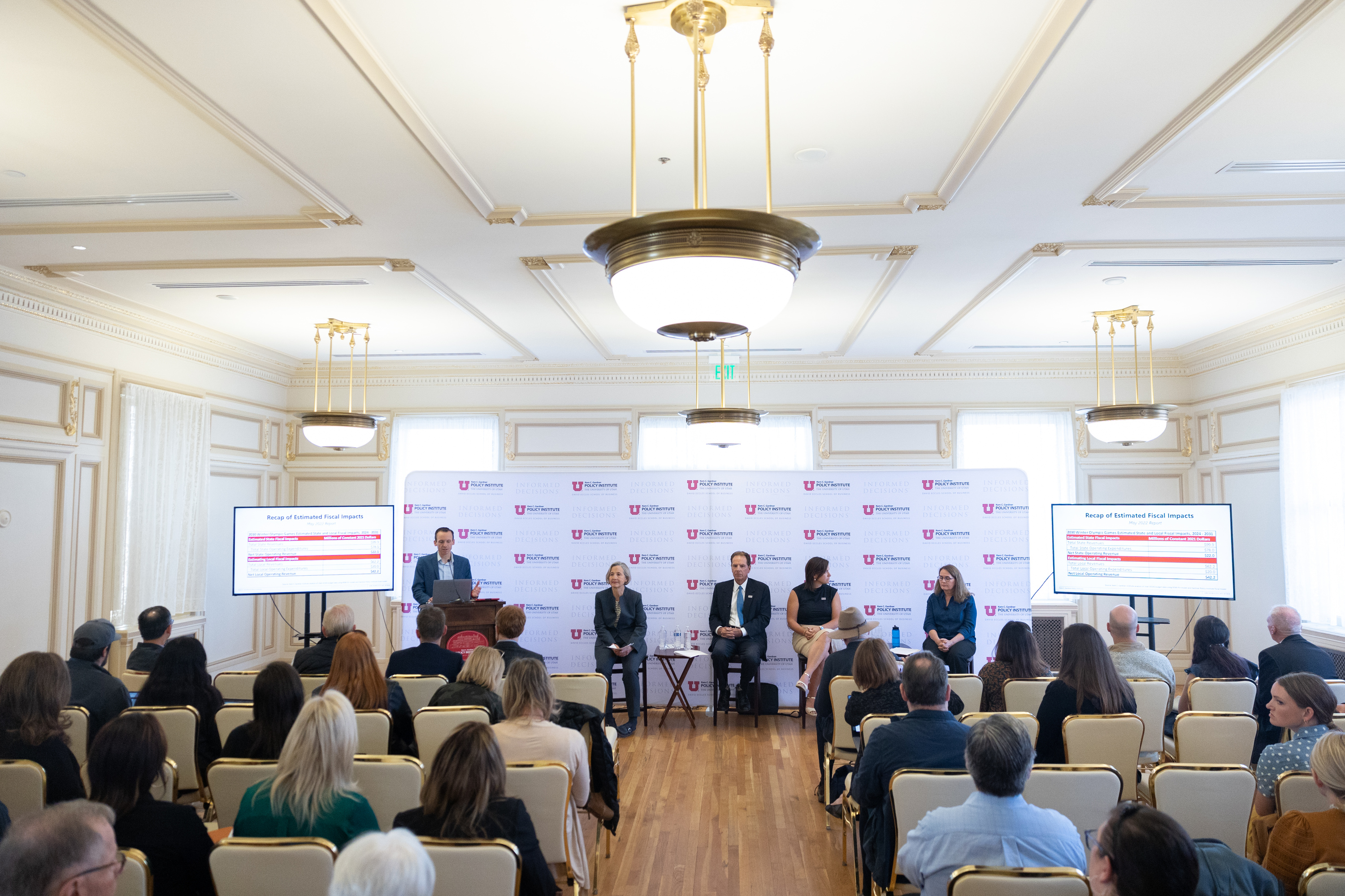 Members of the Salt Lake City-Utah Committee for the Games speak during the Kem C. Gardner Policy Institute Newsmaker Breakfast at the Thomas S. Monson Center in Salt Lake City on Thursday.