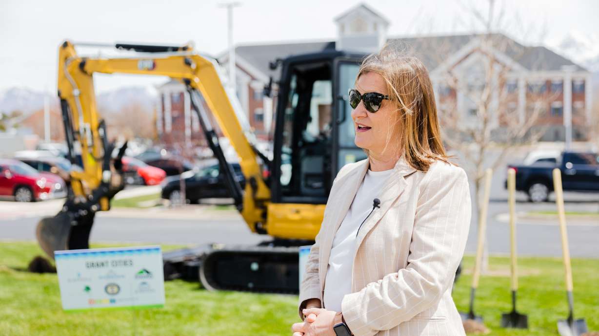 Salt Lake County Mayor Jenny Wilson speaks after announcing grants for the conversion of grass fields into water-wise landscaping at the West Jordan City Hall on Thursday.