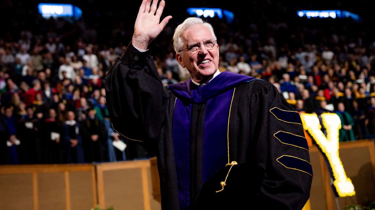 Elder D. Todd Christofferson of the Quorum of the Twelve Apostles of The Church of Jesus Christ of Latter-day Saints, who spoke at BYU Commencement on Thursday, waves at the Marriott Center in Provo.