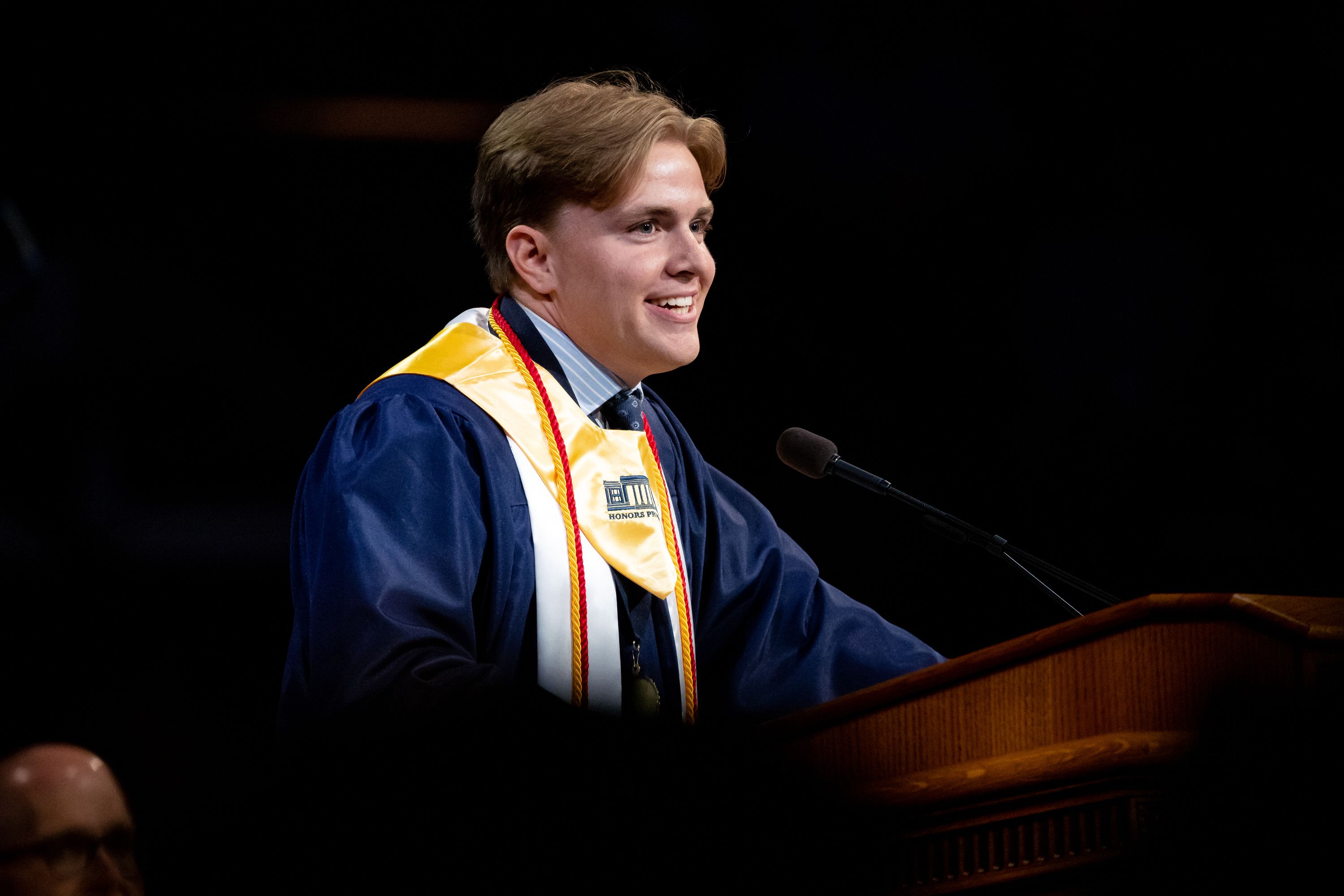 Samuel Benson speaks during Brigham Young University’s commencement at the Marriott Center in Provo on Thursday.